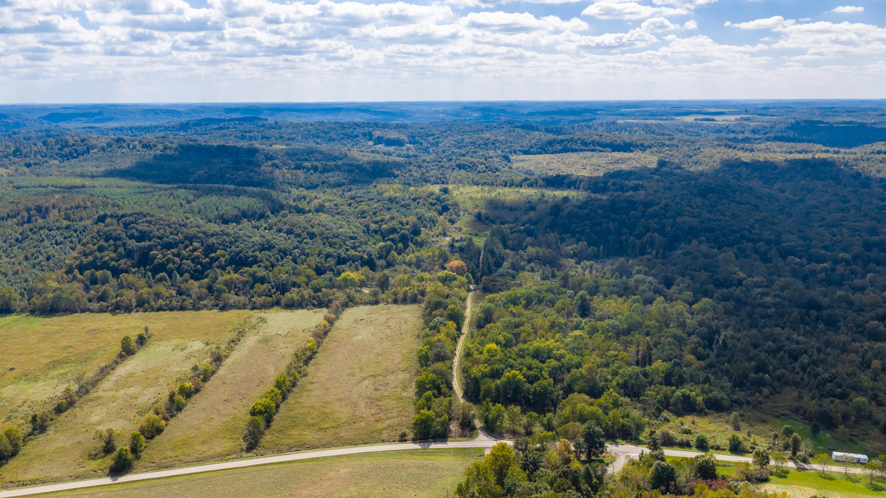Aerial view of wooded acreage and open fields, with an access drive leading to a paved road.