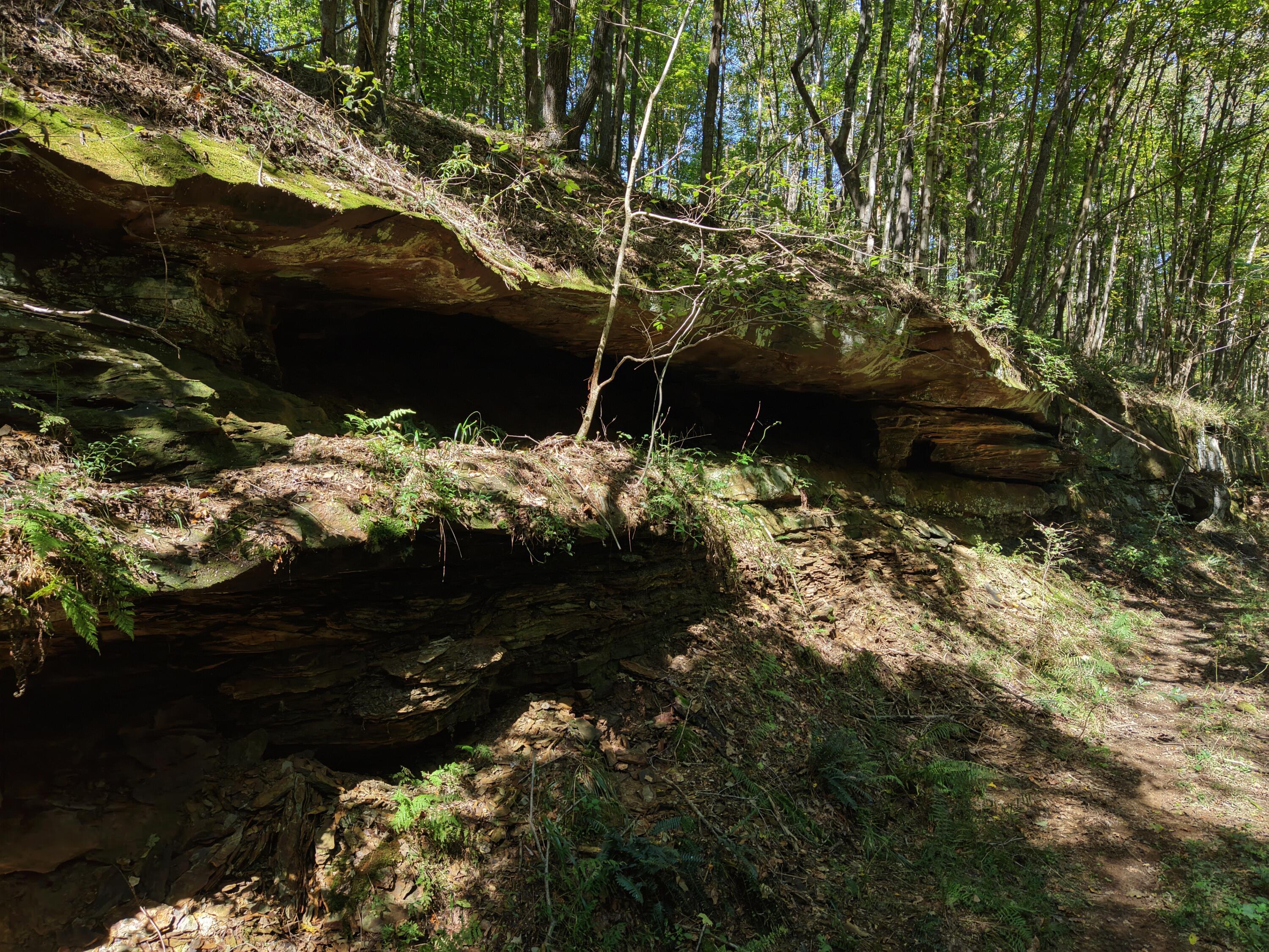 Layered rock overhang with cave openings beside a wooded dirt path.