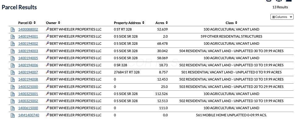 Parcel results table showing 13 records, including the 27684 State Route 328 parcel.
