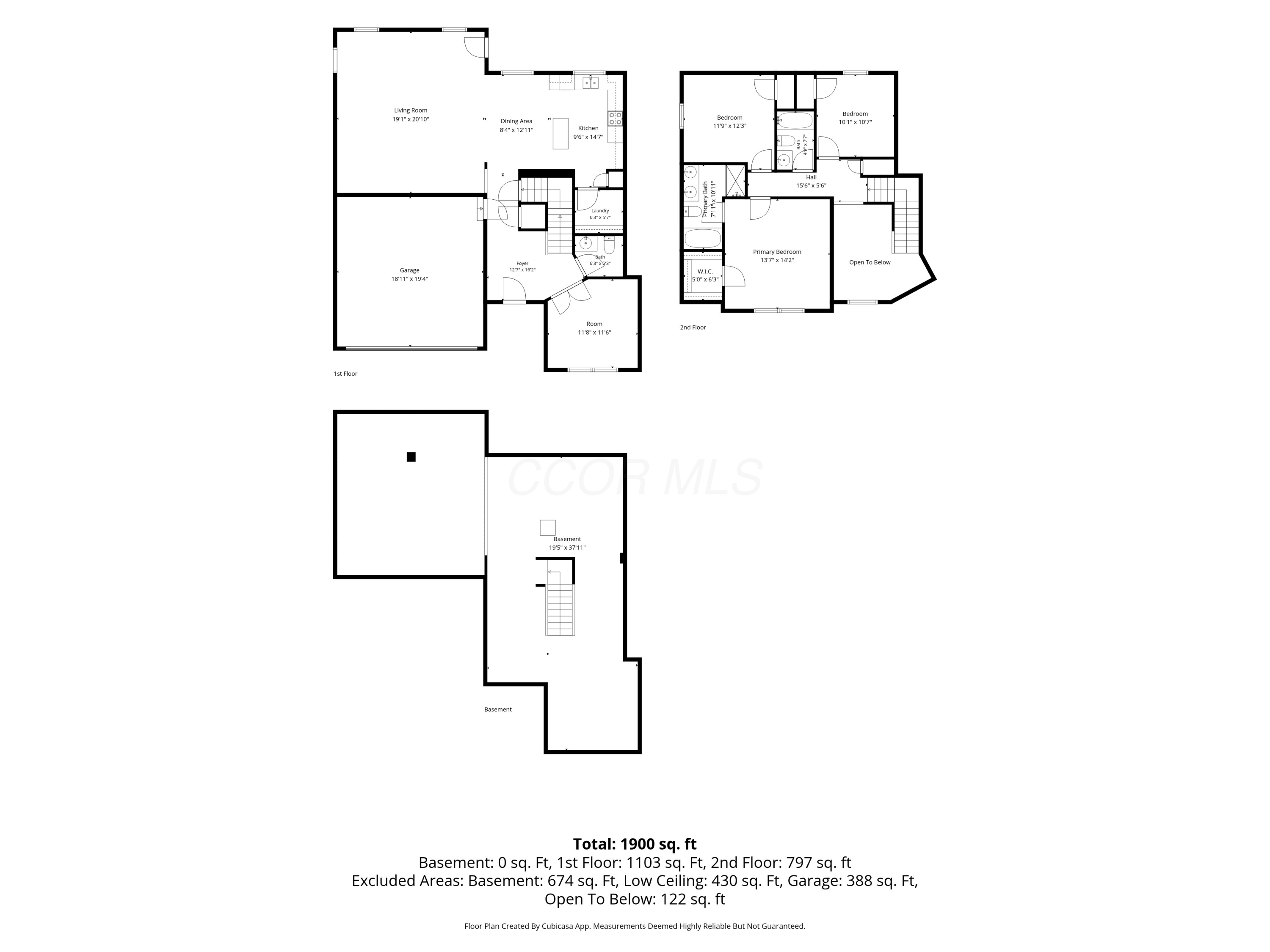 Floor plan showing the first and second floors and basement, with a total of 1,900 square feet.