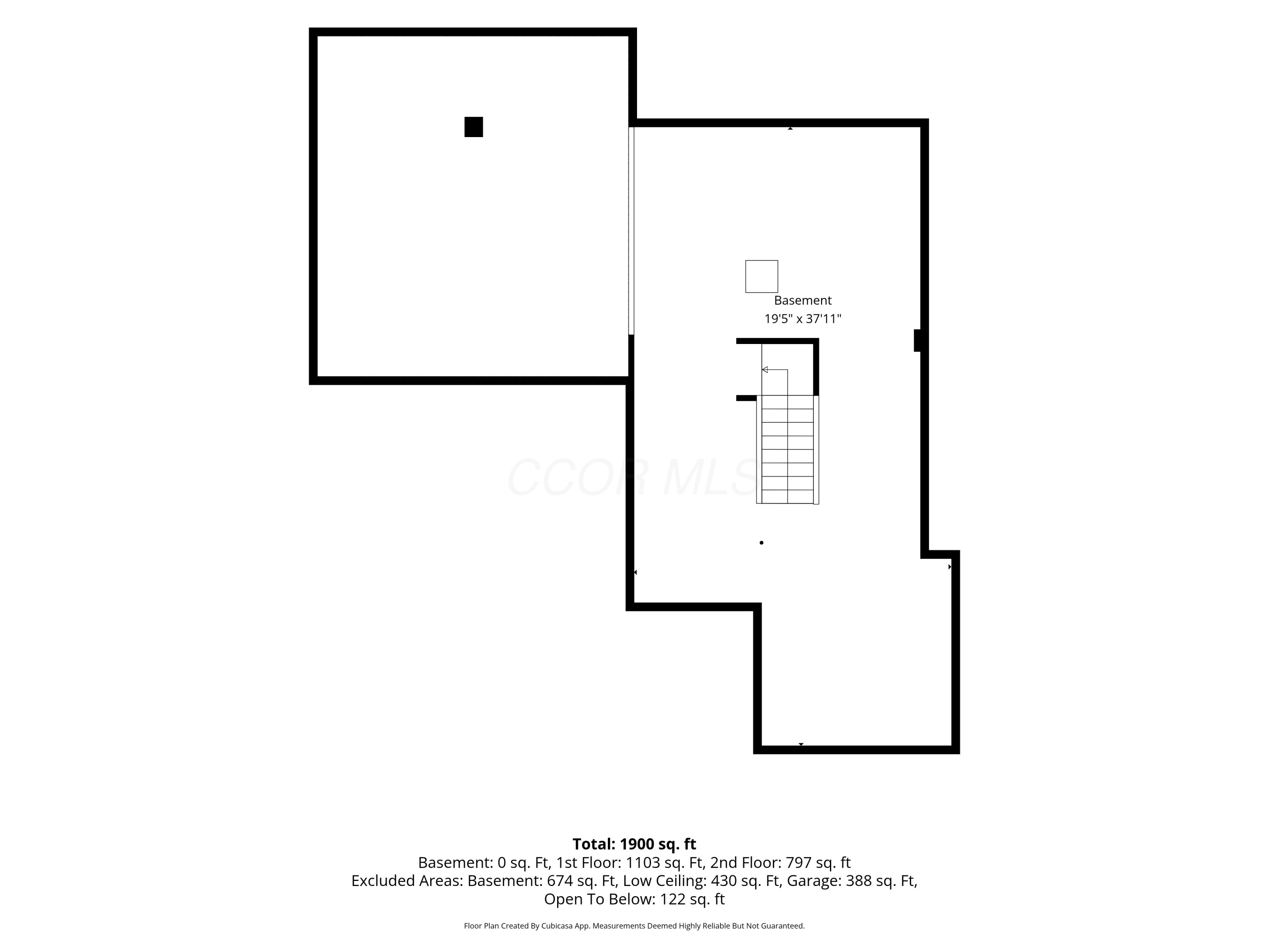 Floor plan showing the basement layout, stairs, and square-footage totals.