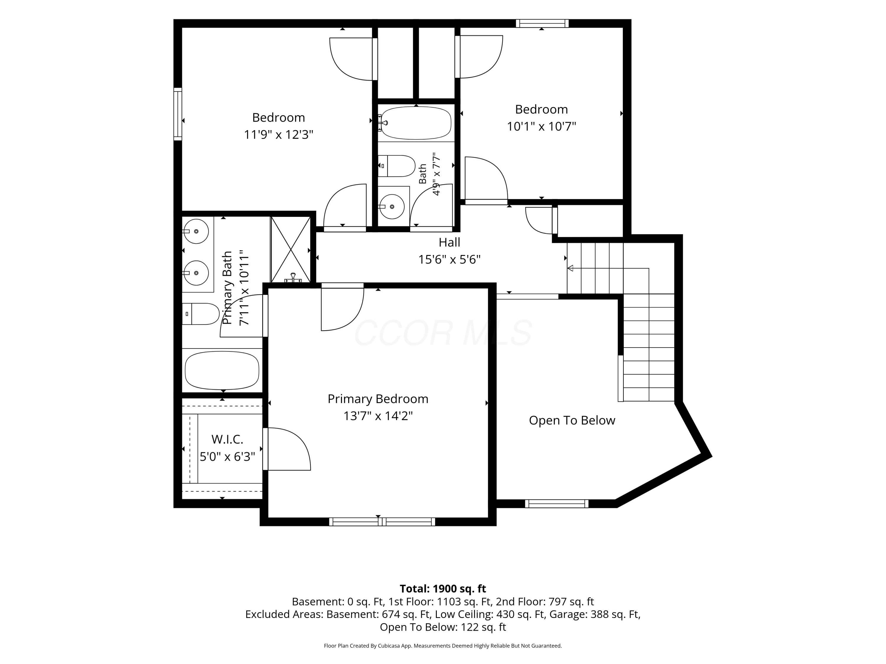 Second-floor plan with three bedrooms, two bathrooms, a walk-in closet, stairs, and an open-to-below area.