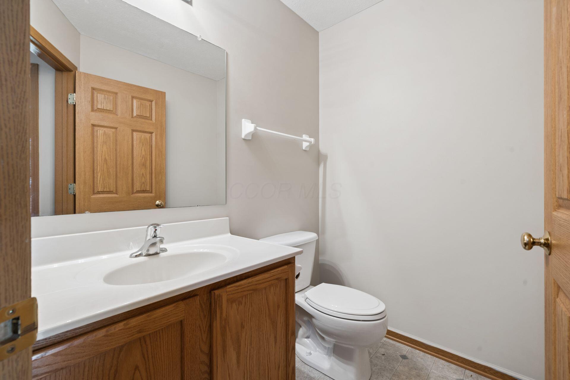 Bathroom with a wood vanity, white sink, large mirror, and toilet.