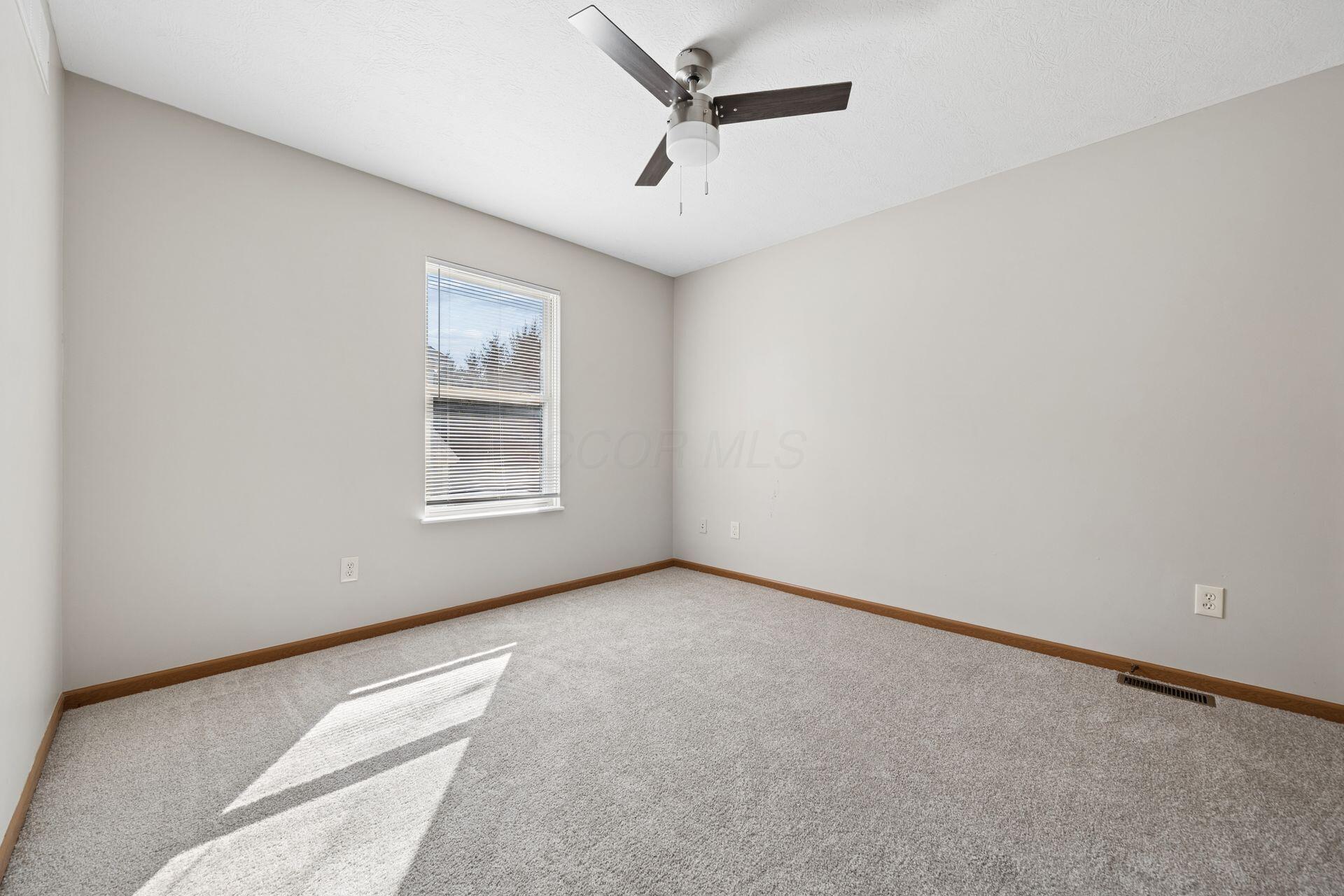 Empty carpeted bedroom with a ceiling fan and sunlight streaming through a window with blinds.