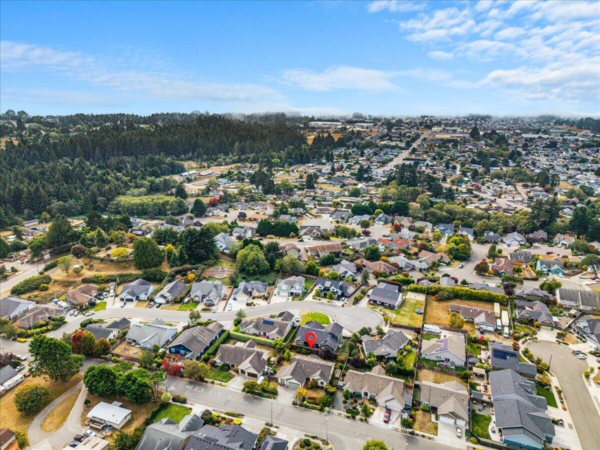 Aerial view of a residential neighborhood beside wooded hills, with the property marked near the foreground.