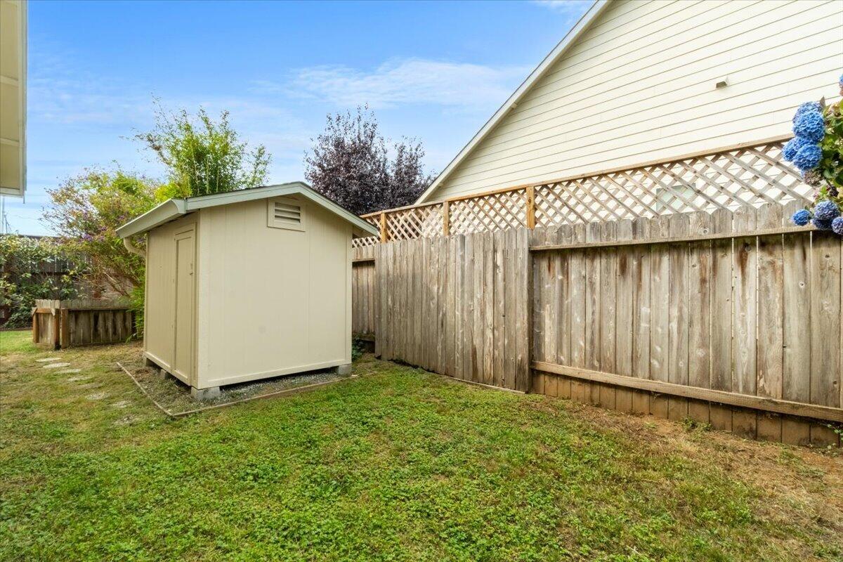 Fenced backyard with a beige storage shed, patchy lawn, lattice-topped fence, and blue hydrangeas.