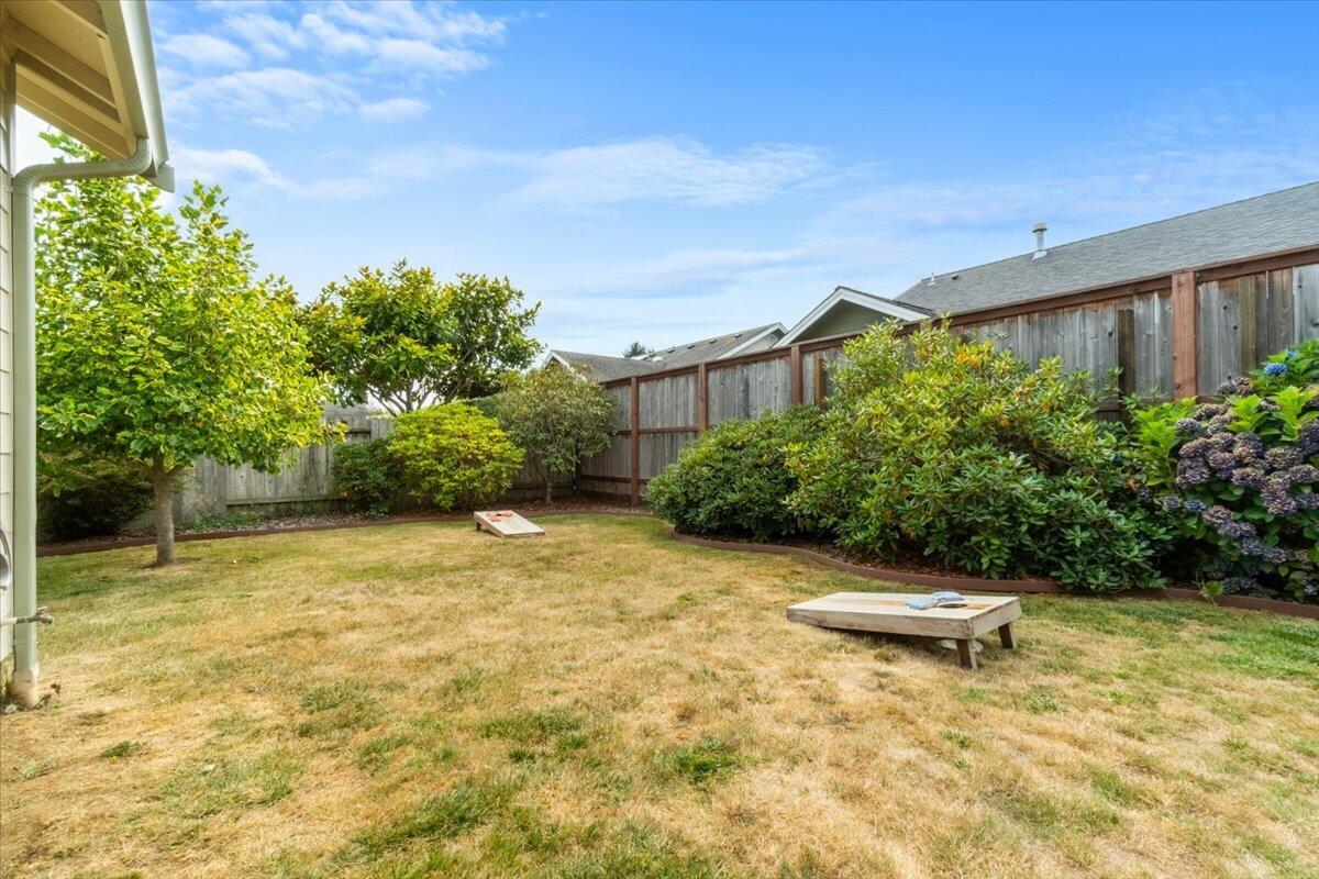 Fenced backyard with a patchy lawn, leafy shrubs, and two low wooden platforms.