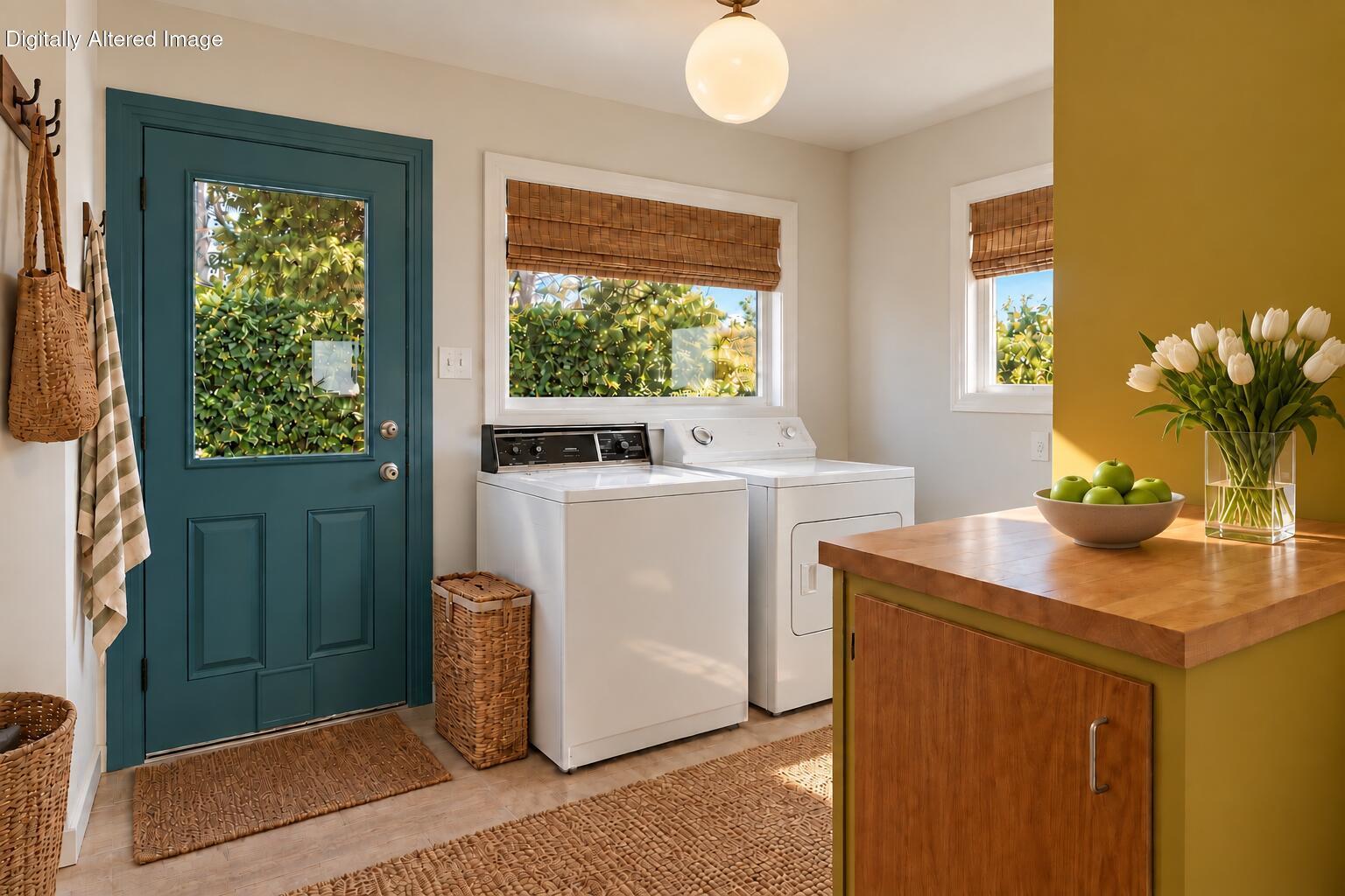 Laundry room with white washer and dryer beside a teal door and wood-topped island.