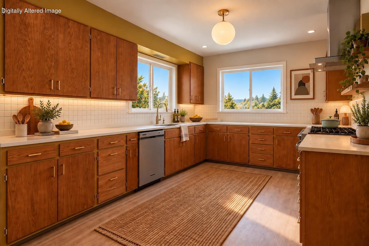 Kitchen with warm wood cabinetry, white tile backsplash, and two sunny windows.
