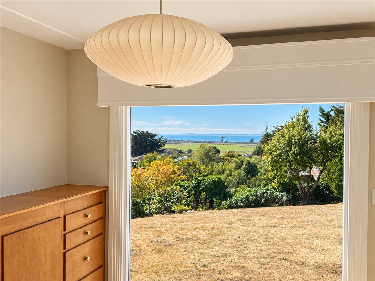 Large window frames a bay view beyond trees and a dry grassy yard, with a round pendant light overhead.