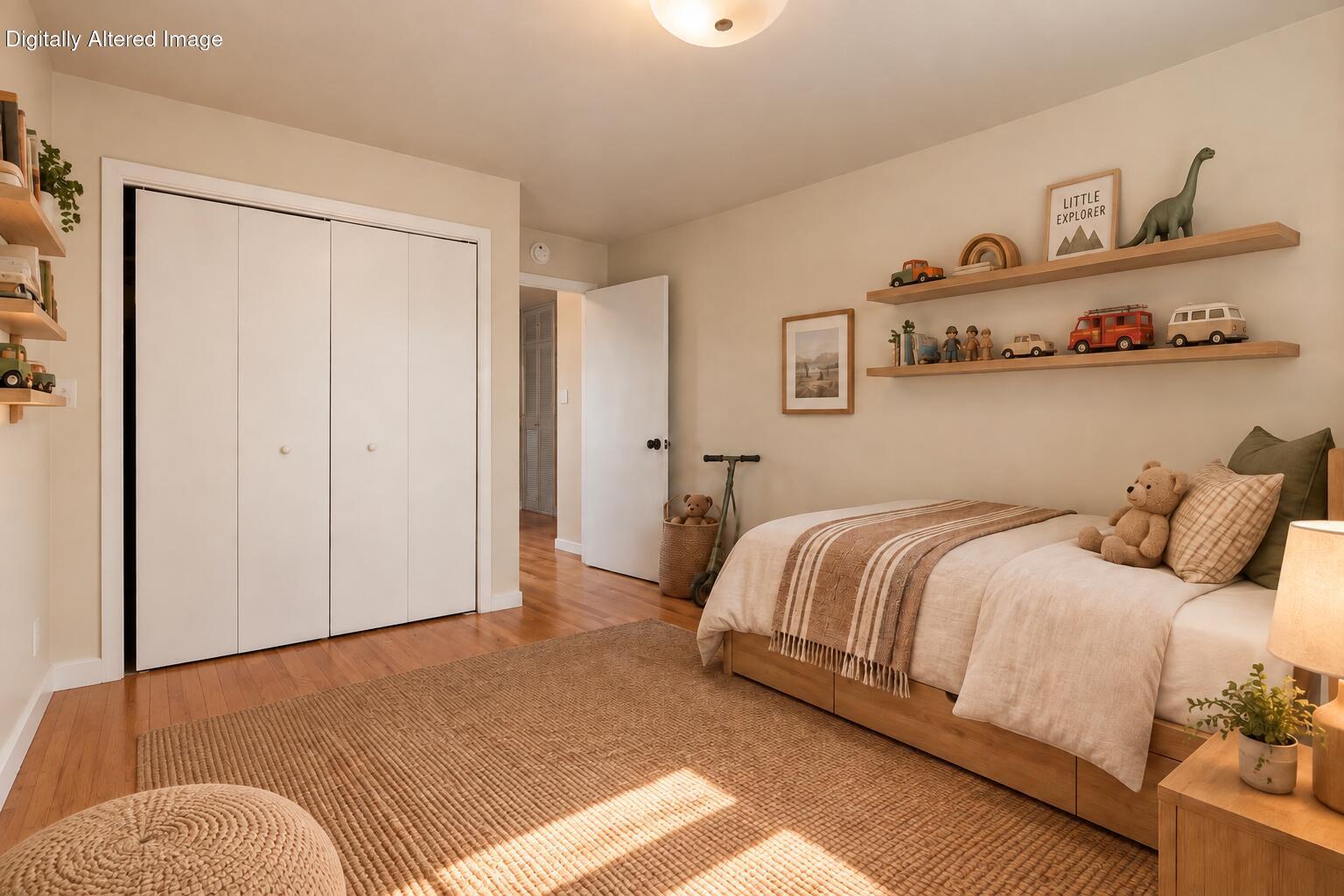 Child's bedroom with a bed, toy shelves, white closet doors, and hardwood floors.