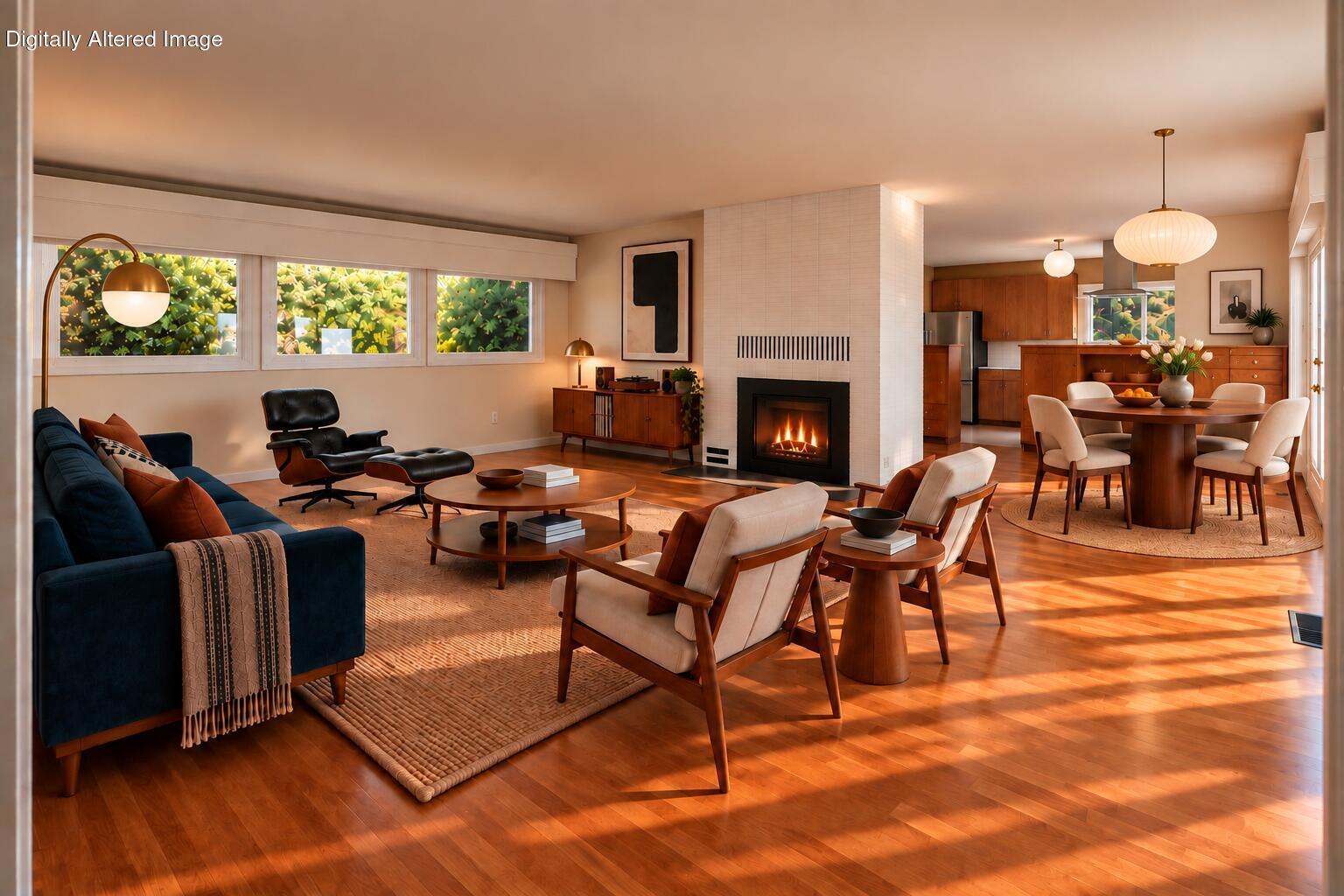 Open-plan living and dining room with a white-tiled fireplace, dark blue sofa, and sunlit hardwood floors.