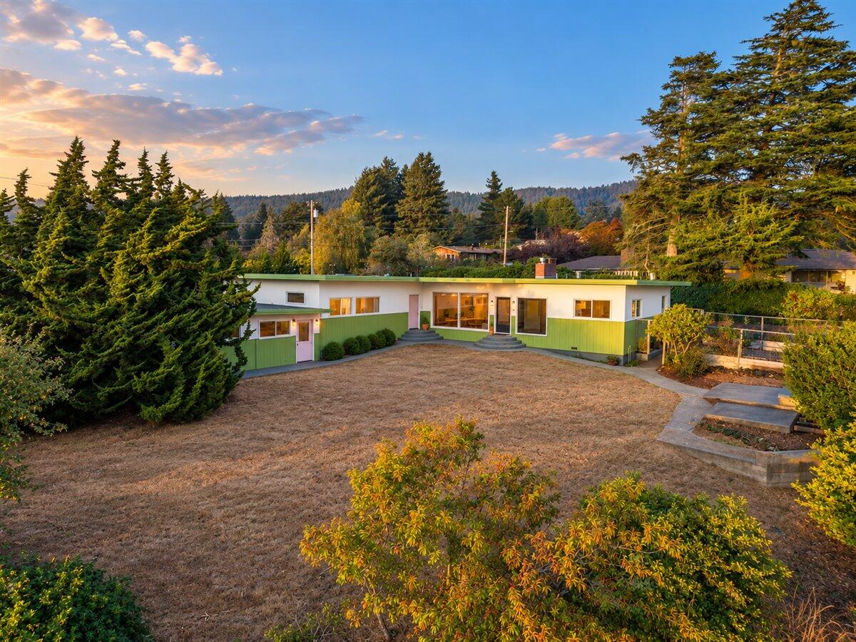 Single-story green-and-white home with a flat roof, broad dry yard, and mature evergreens at golden hour.