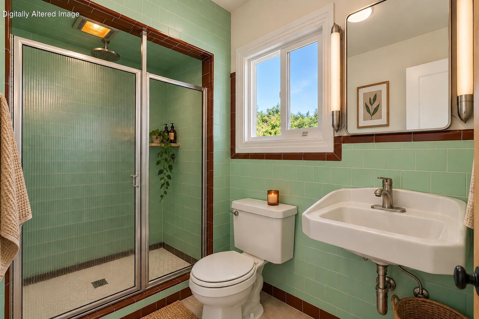 Bathroom with mint-green tile, glass shower enclosure, and dark reddish-brown tile trim.