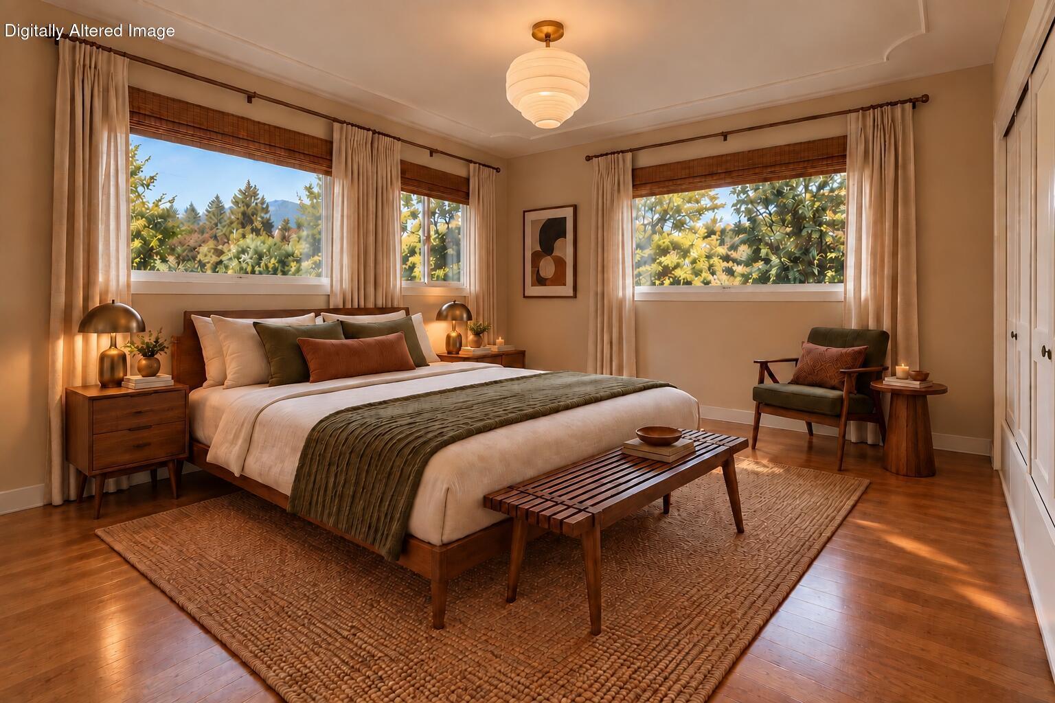 Bedroom with a large bed, warm wood furnishings, and wide windows overlooking leafy trees.