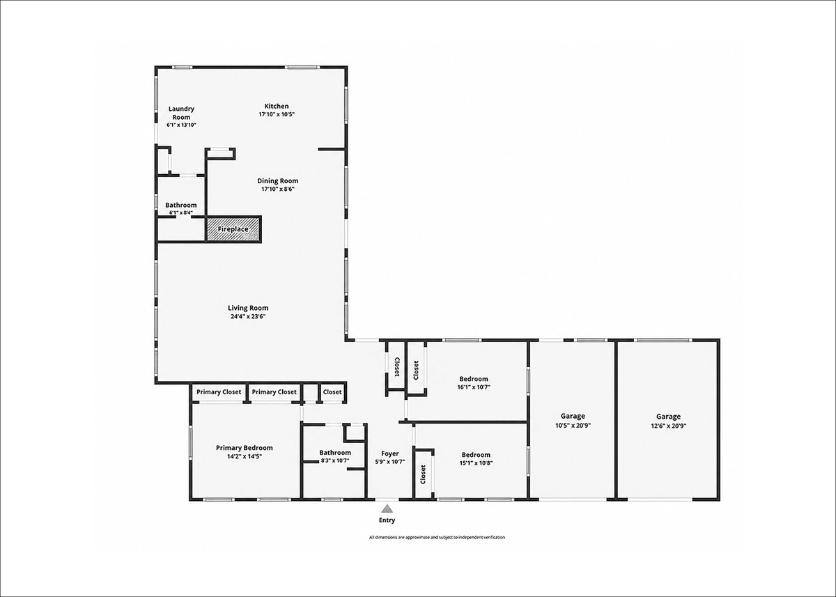 Floor plan showing three bedrooms, two bathrooms, open living and dining areas, and a two-car garage.