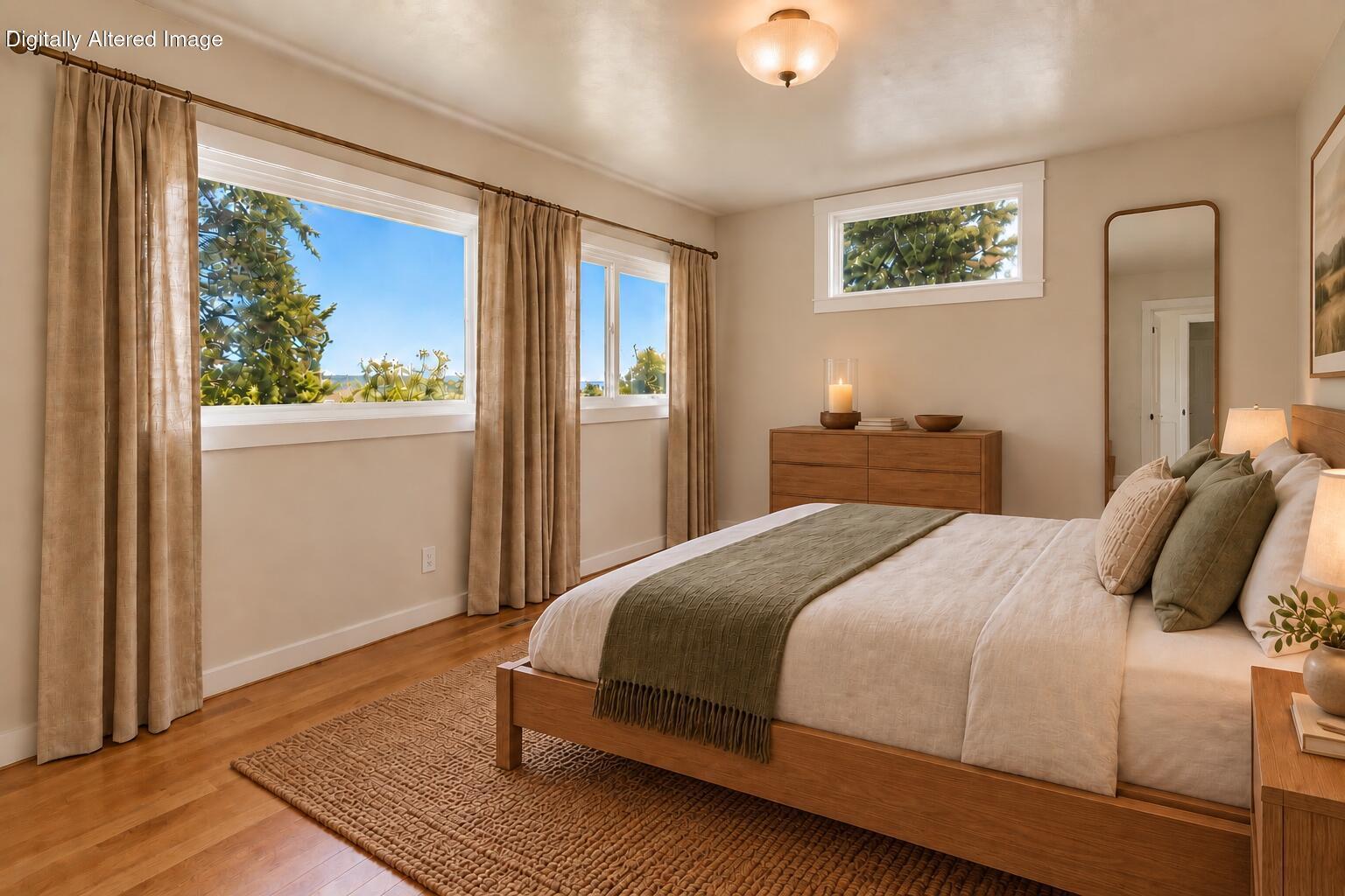 Furnished bedroom with a wooden bed, neutral bedding, and large curtained windows.