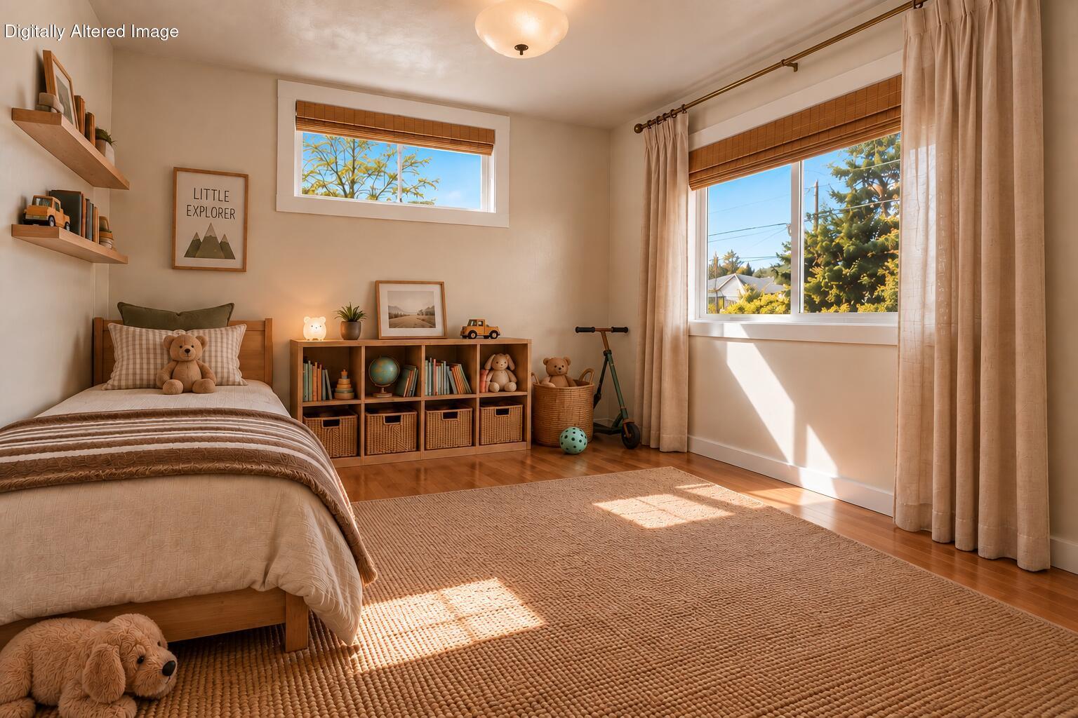 Sunlit child's bedroom with a single bed, toy-filled shelves, and large curtained windows.