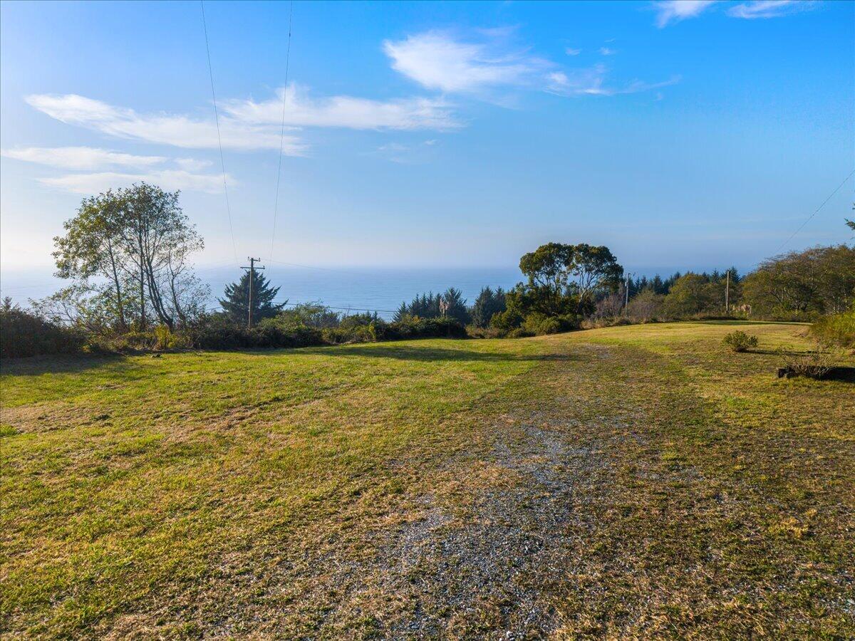 Open grassy lot with a gravel track and ocean view beyond the trees.