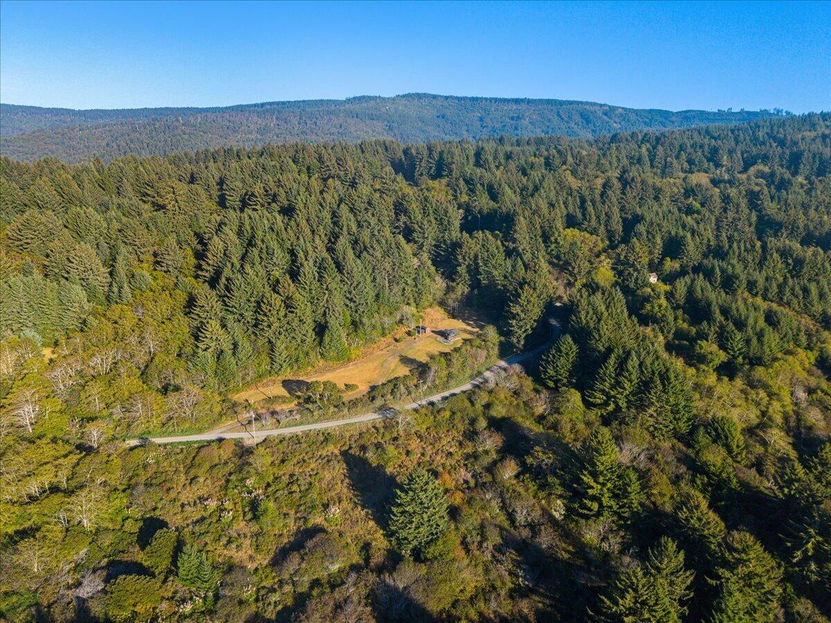 Aerial view of a forested property with a clearing, small building, and winding access road.