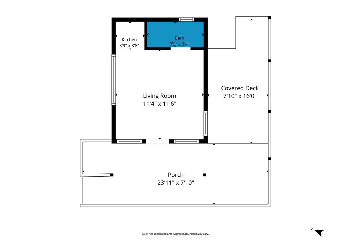 Floor plan with living room, kitchen, bath, covered deck, and front porch.