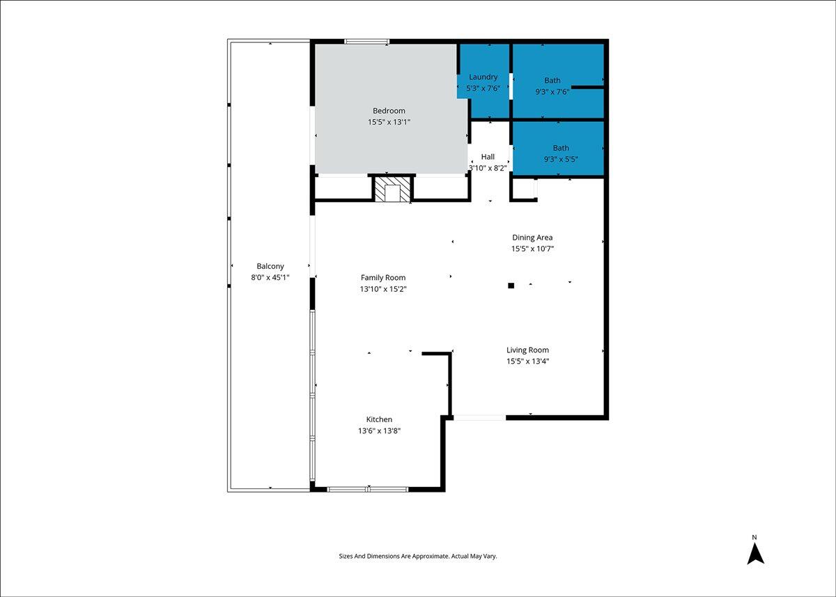 Floor plan showing the home's rooms, dimensions, and long balcony.