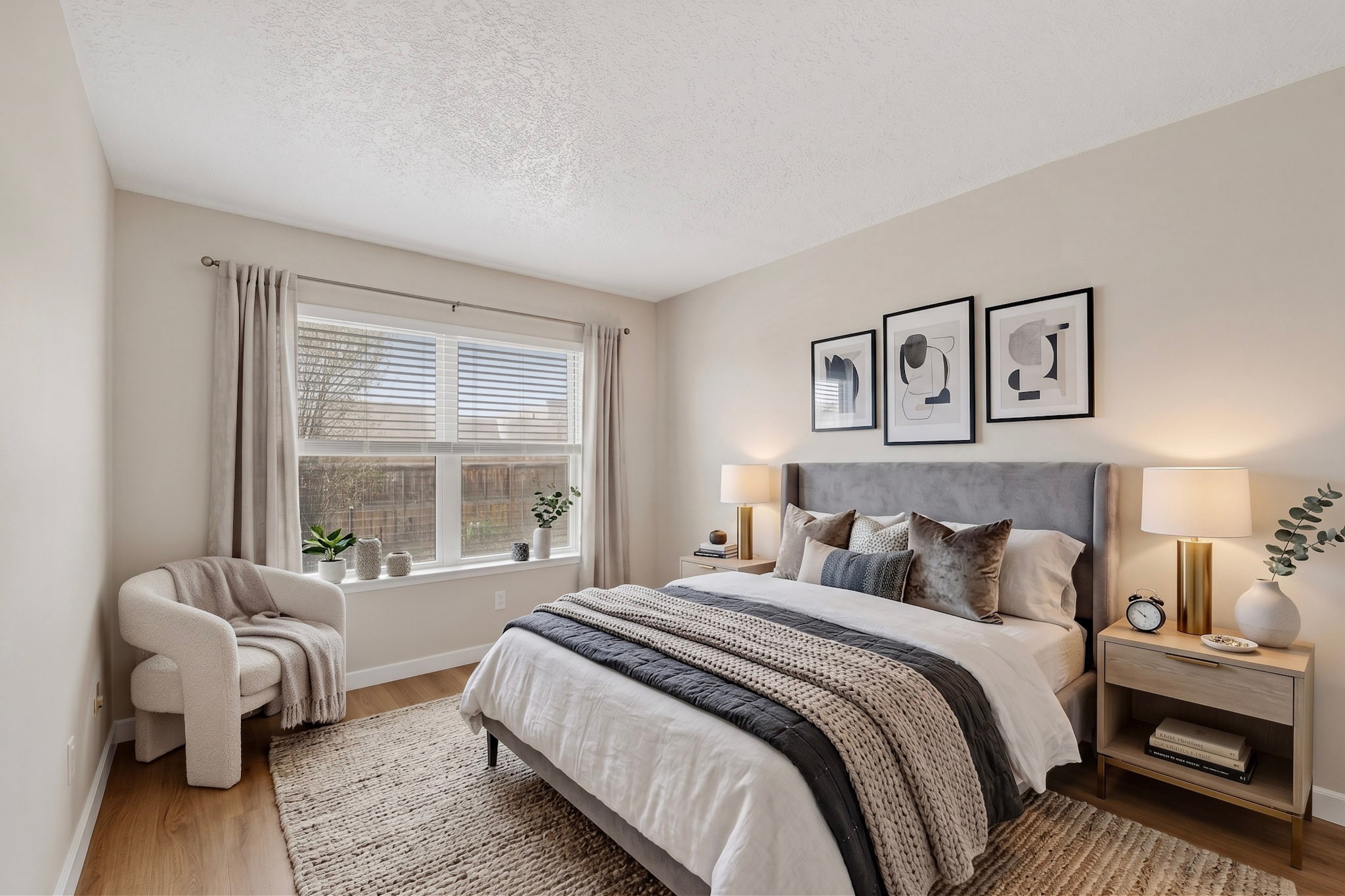 Staged bedroom with a gray upholstered bed, layered neutral bedding, and a window-side armchair.