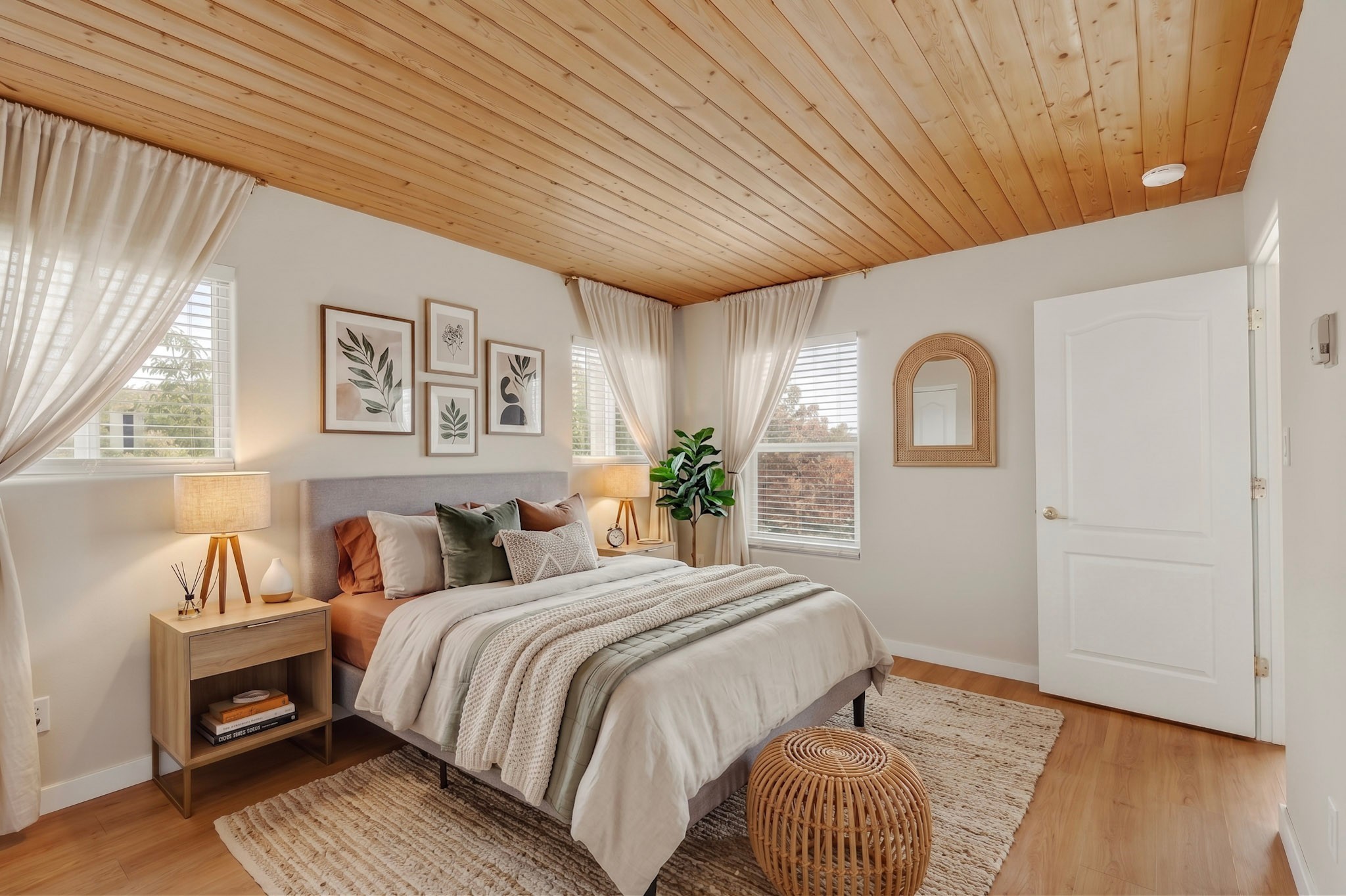 Staged bedroom with a wood plank ceiling, neutral bedding, and sheer curtains framing bright windows.