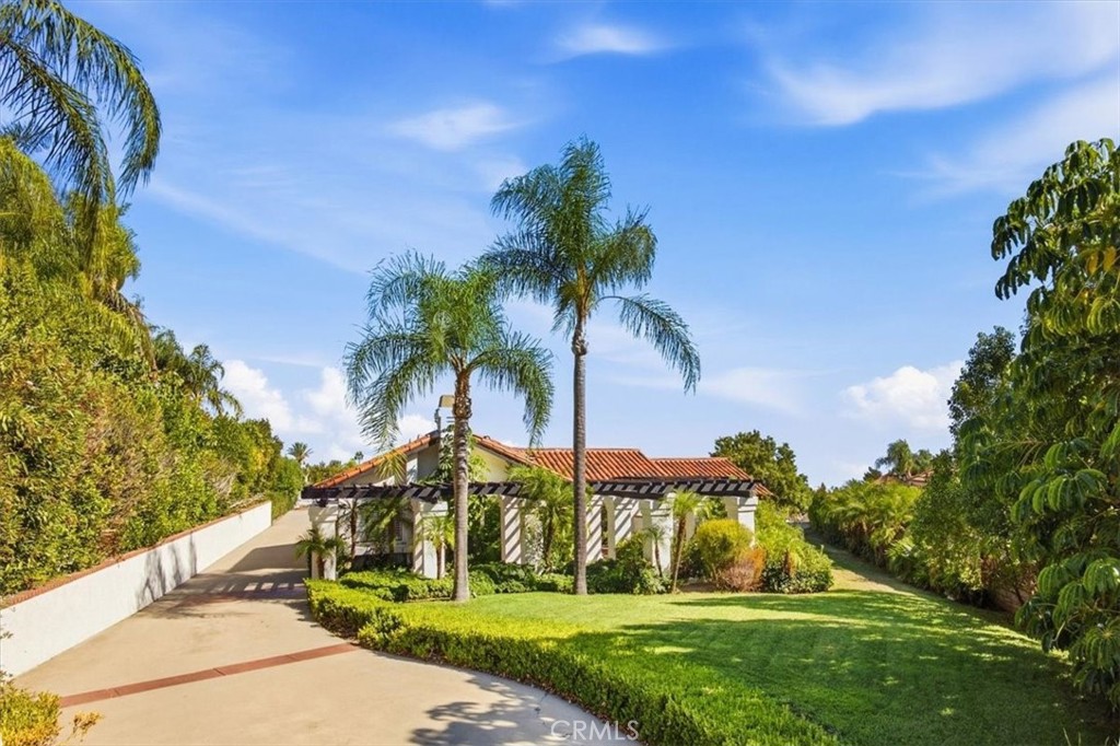 Single-story home with a white pergola, palm trees, broad driveway, and manicured lawn.