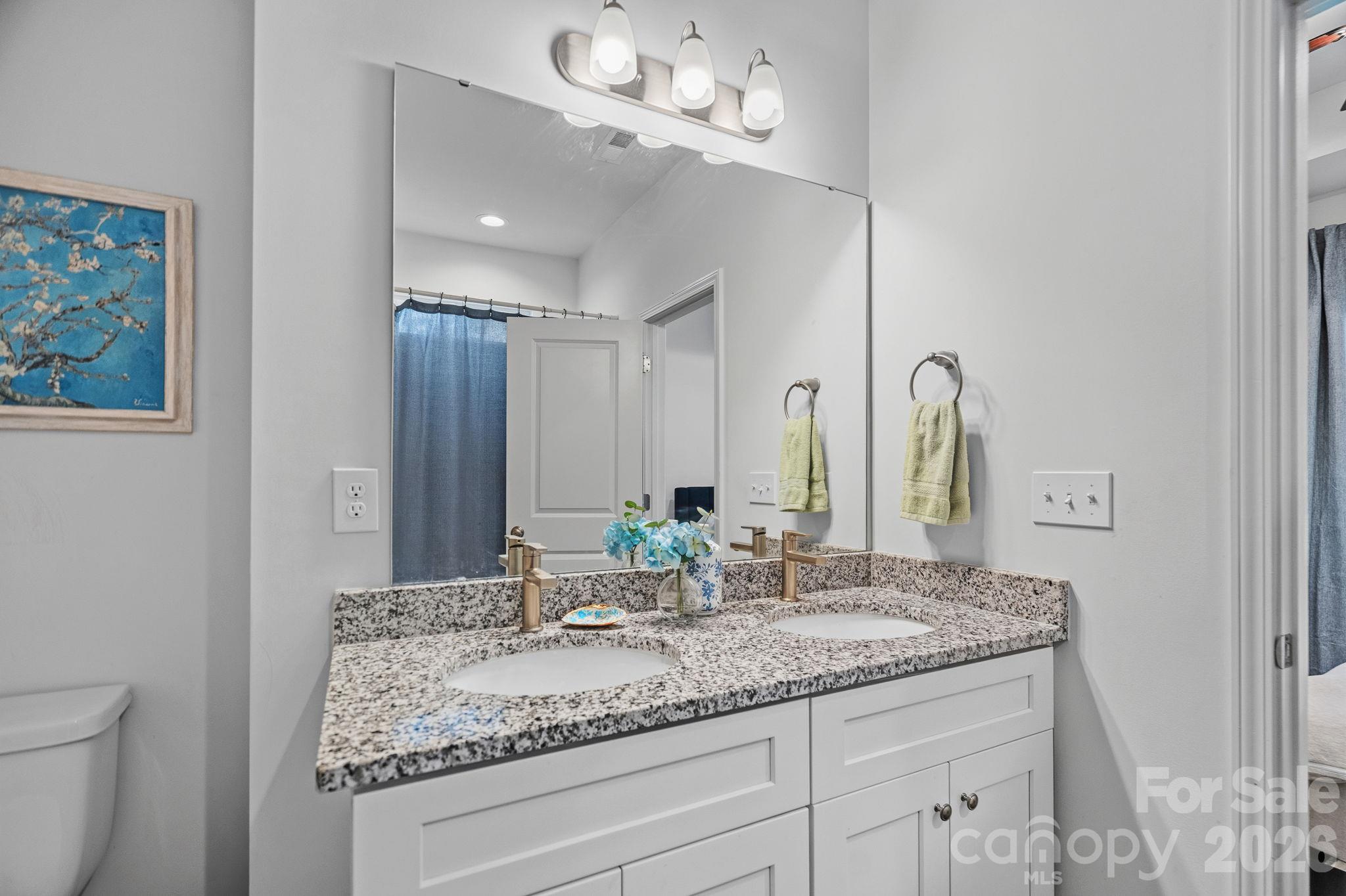 Bathroom with a double granite vanity, white cabinetry, bronze faucets, and blue shower curtain.