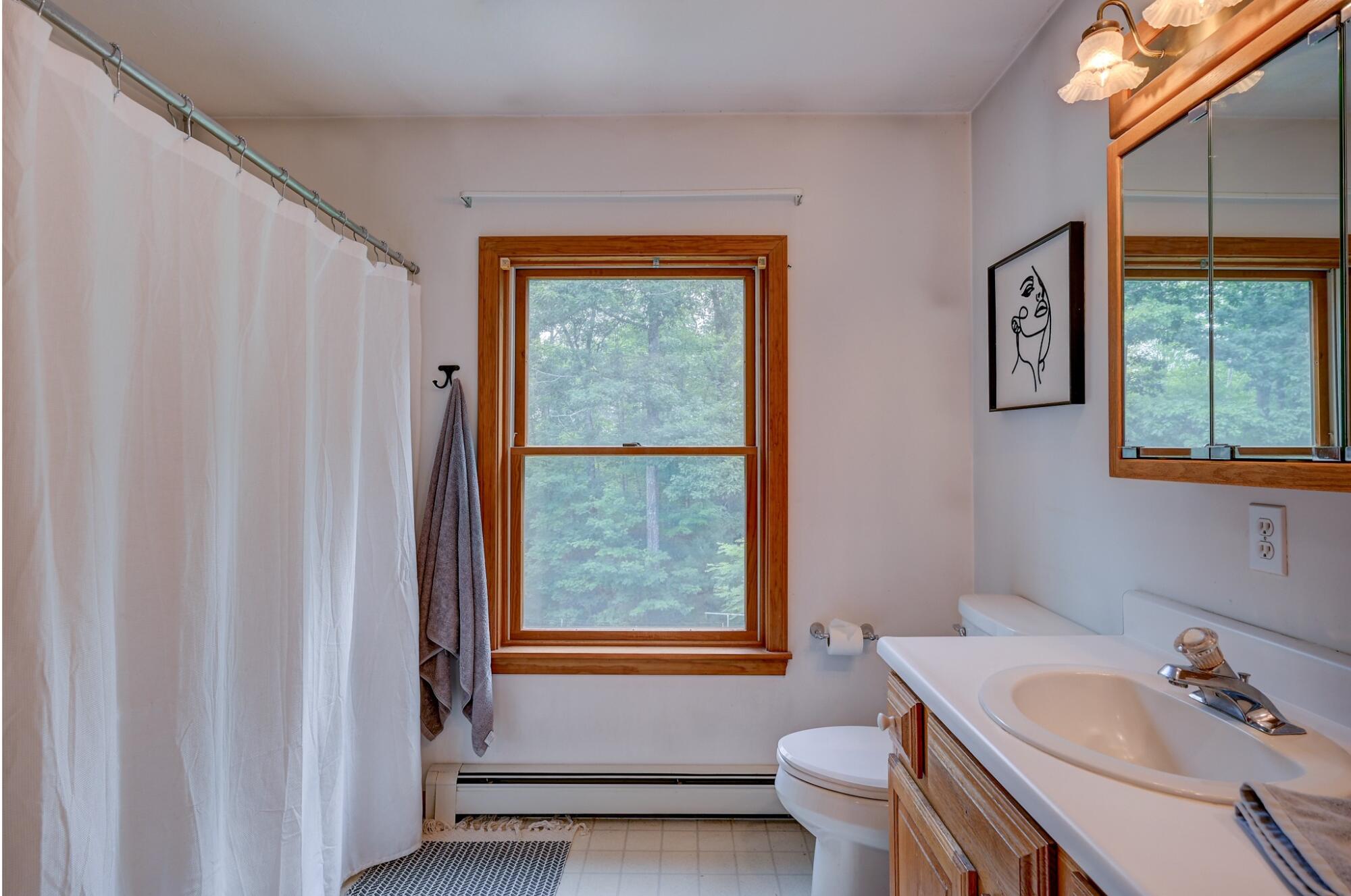 Bathroom with a wood-trimmed window, shower curtain, and wooden vanity.