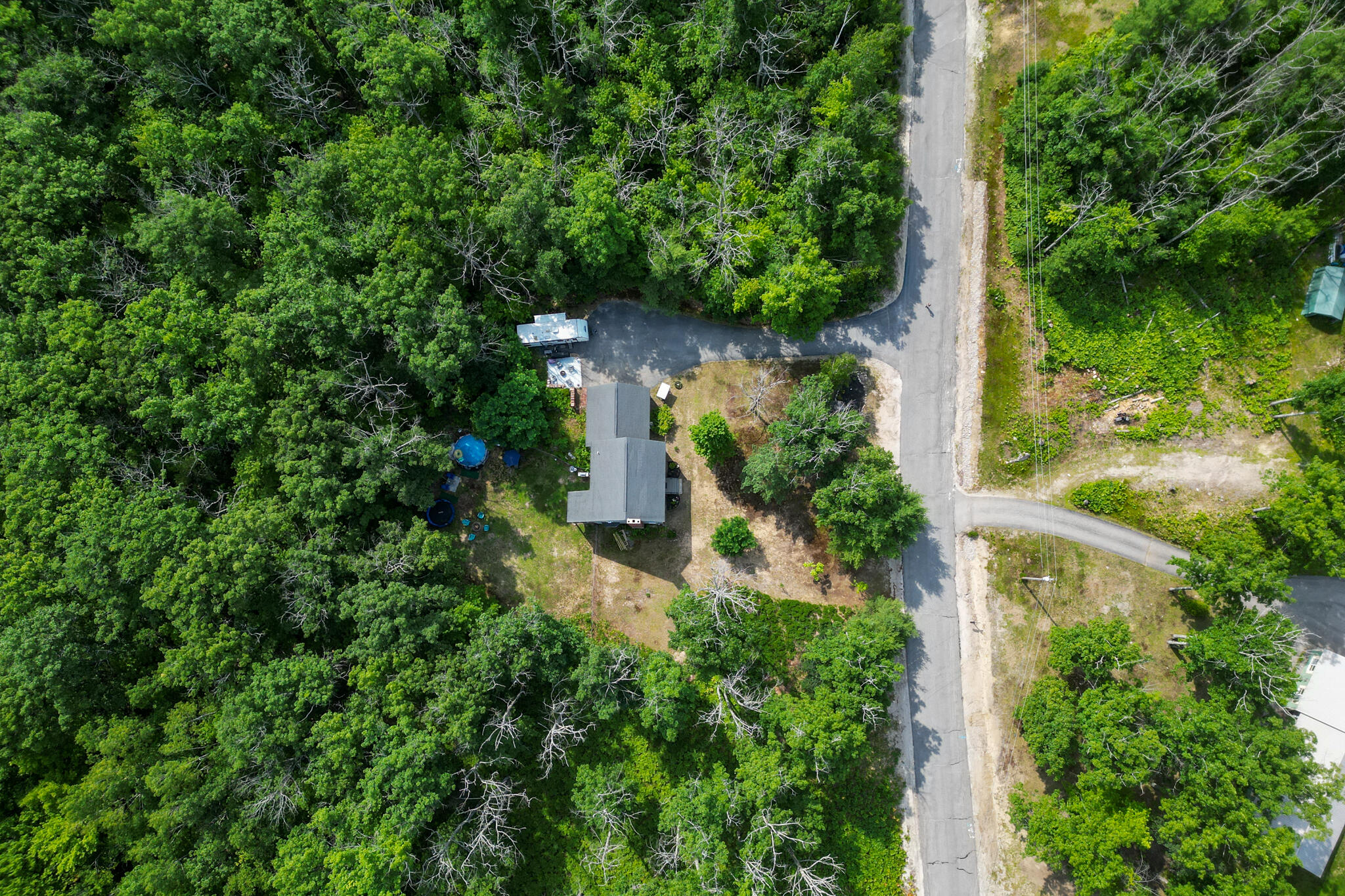 Aerial view of a home surrounded by dense trees beside a rural road.