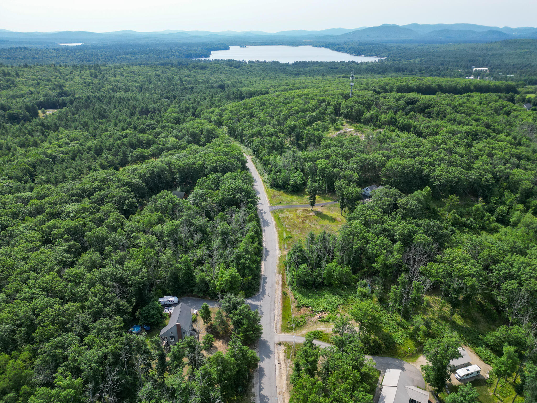Aerial view of a wooded neighborhood, with a winding road, distant lake, and mountains.
