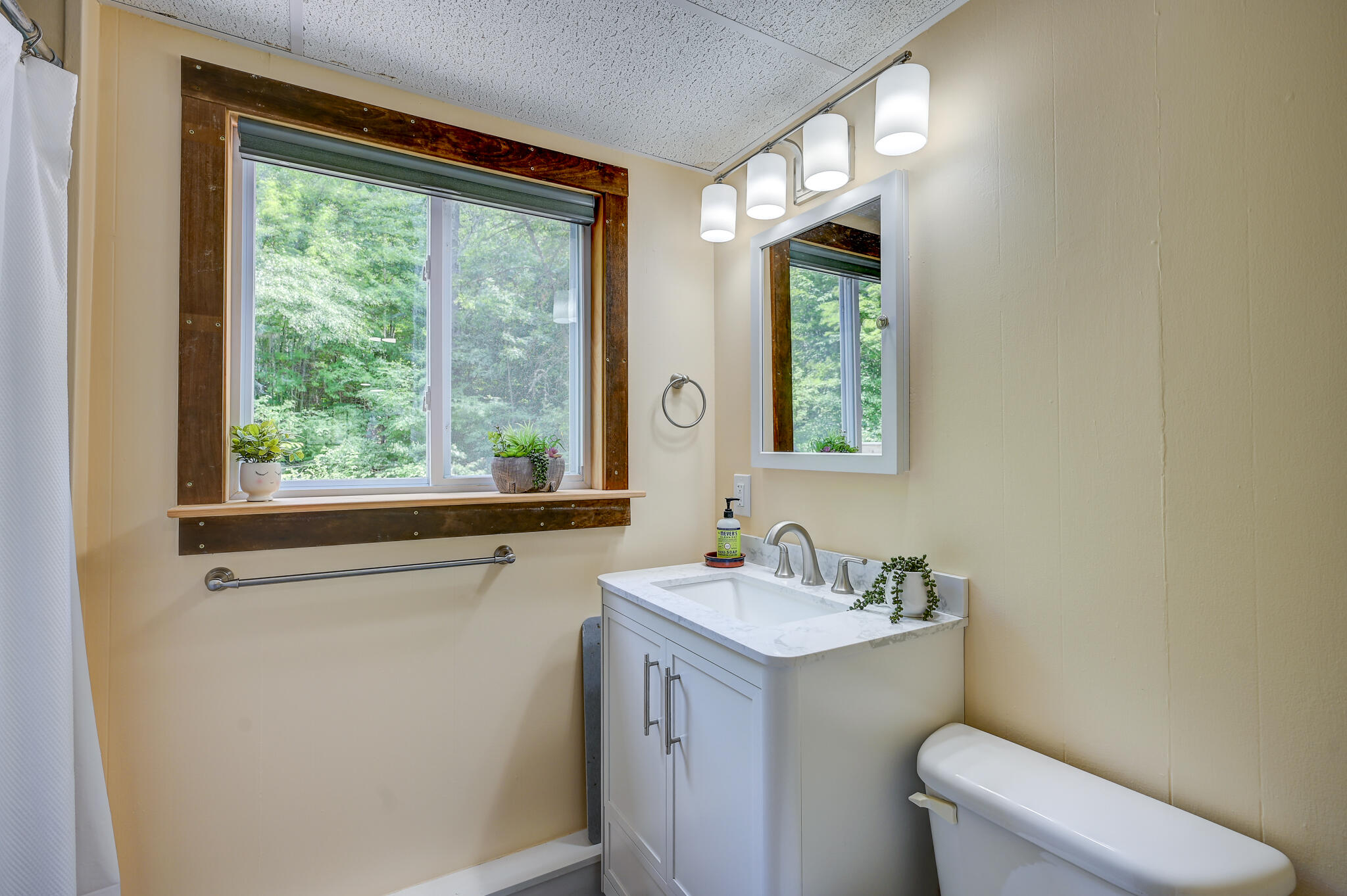 Bathroom with a white vanity, wood-trimmed window, and leafy woodland view.