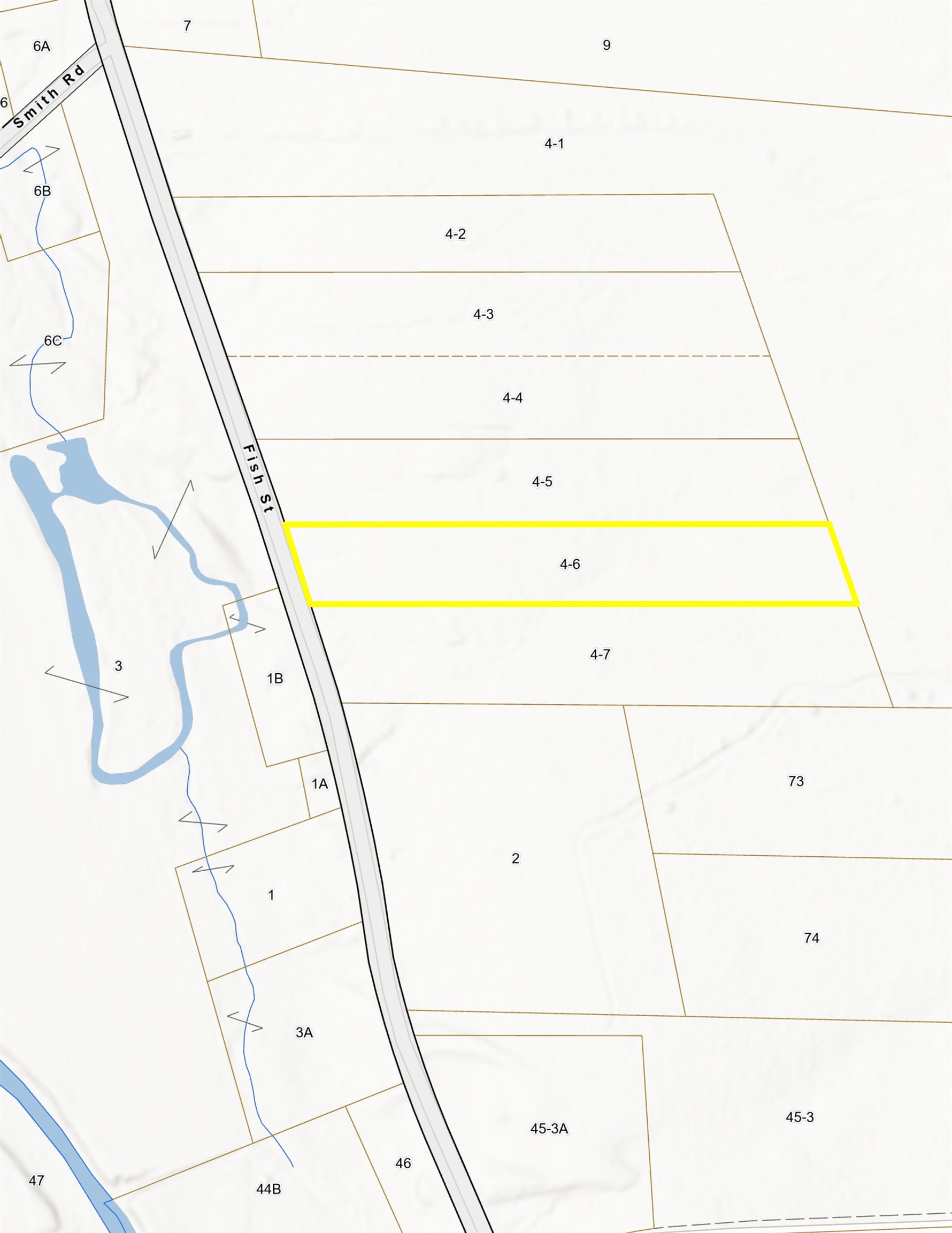 Parcel map with lot 4-6 outlined in yellow along Fish Street.