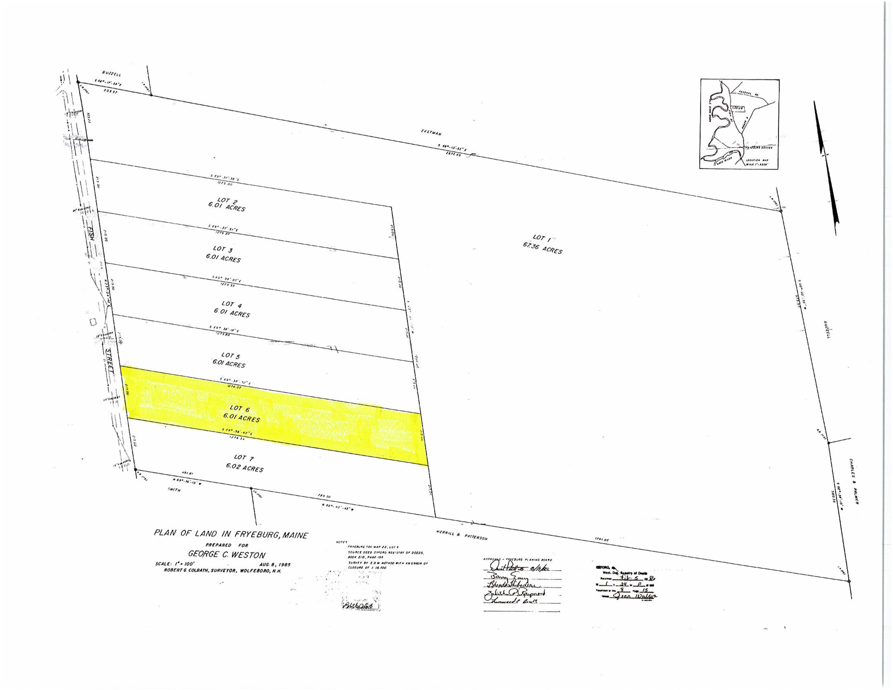 Survey plat showing the highlighted 6.01-acre Lot 6 along Fish Street in Fryeburg, Maine.