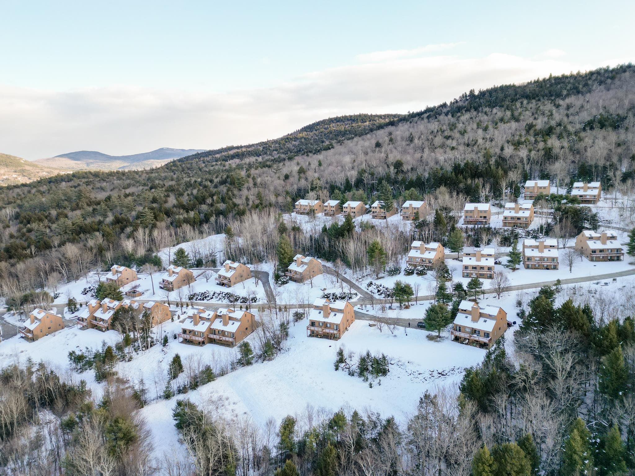 Aerial view of tan homes in a snowy mountain neighborhood surrounded by forest.