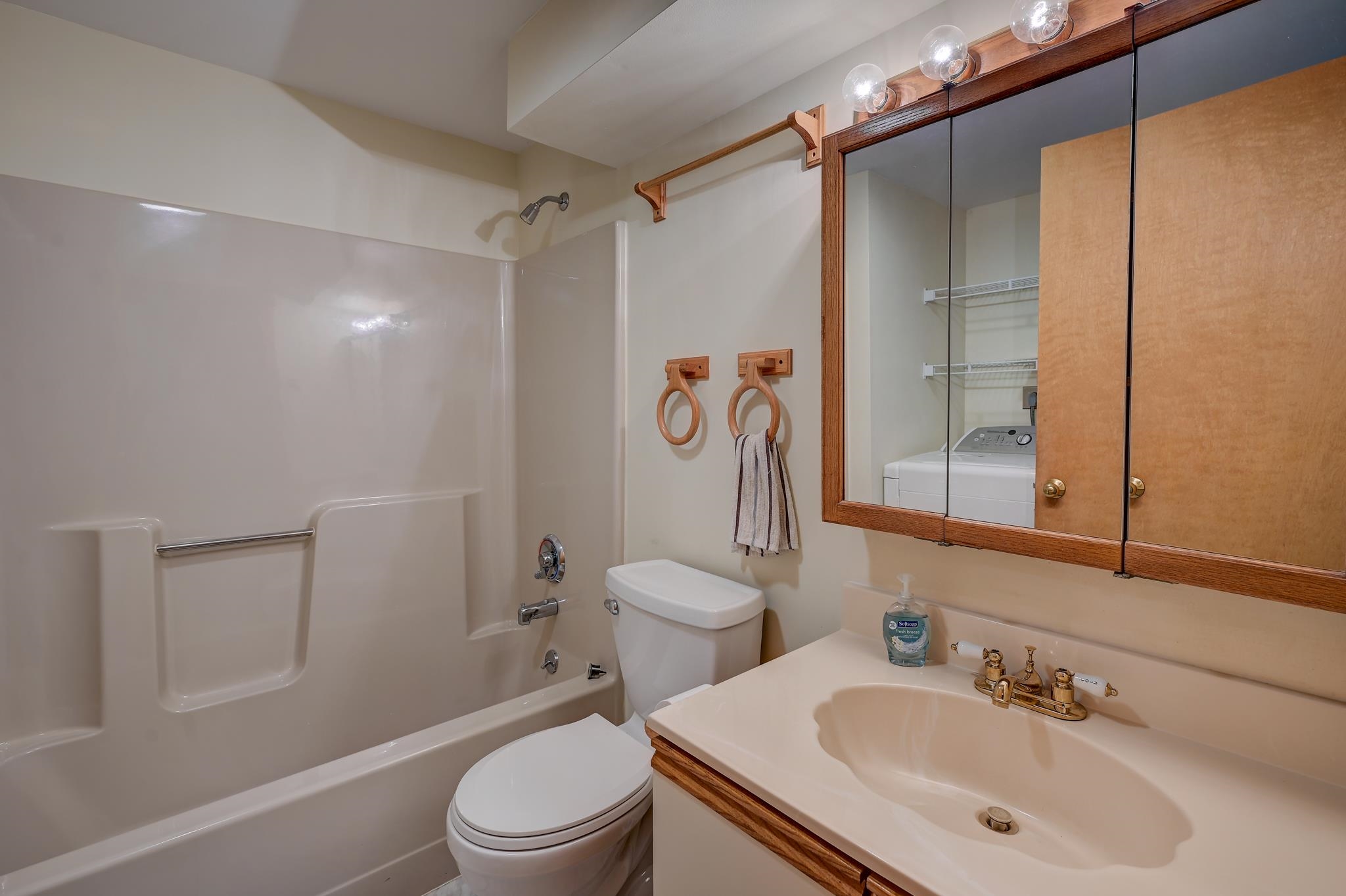 Bathroom with tub and shower, toilet, and wood-trimmed vanity; washer reflected in the mirrored cabinet.