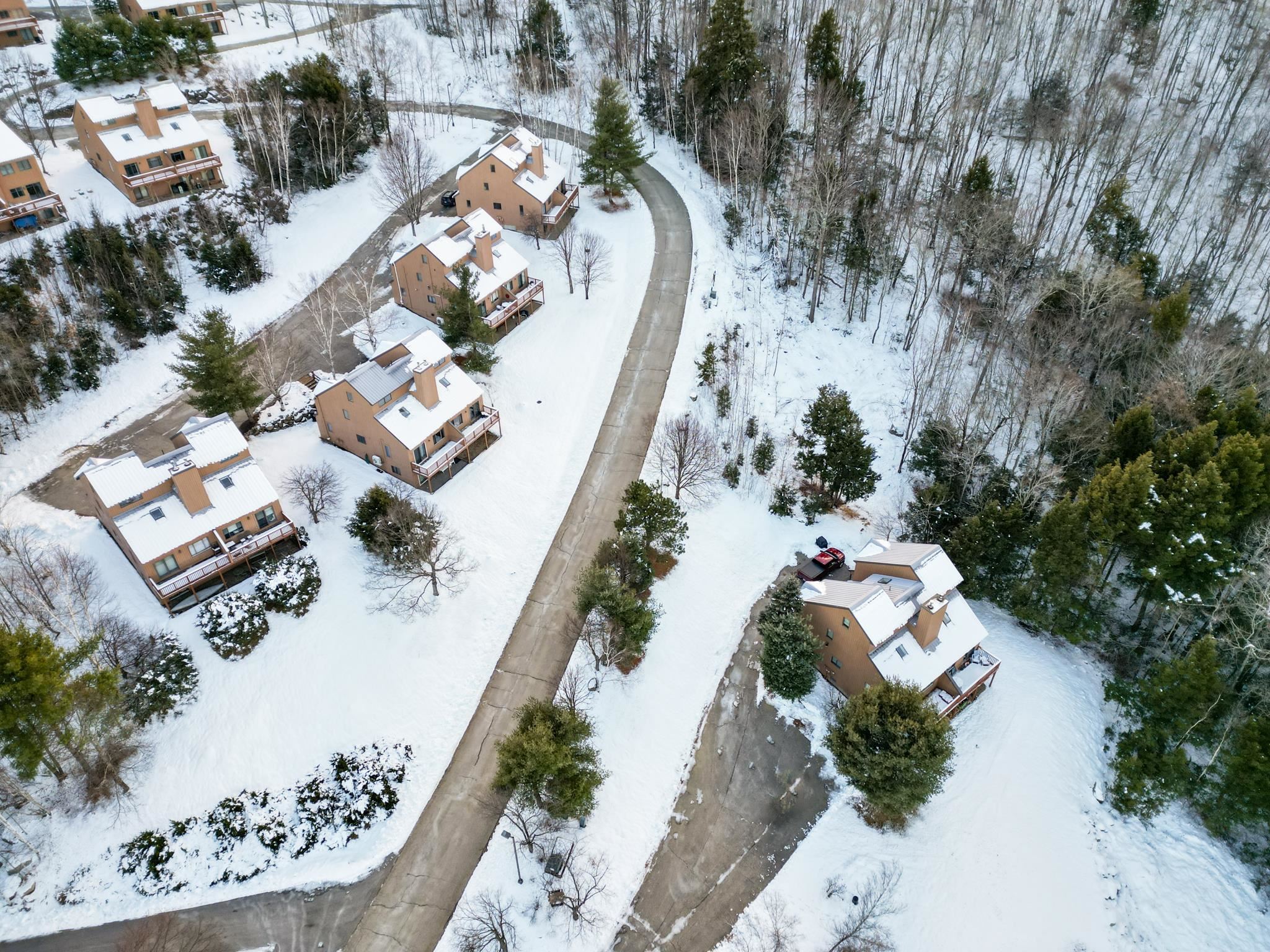Aerial view of tan homes and a curving road surrounded by snow-covered woods.