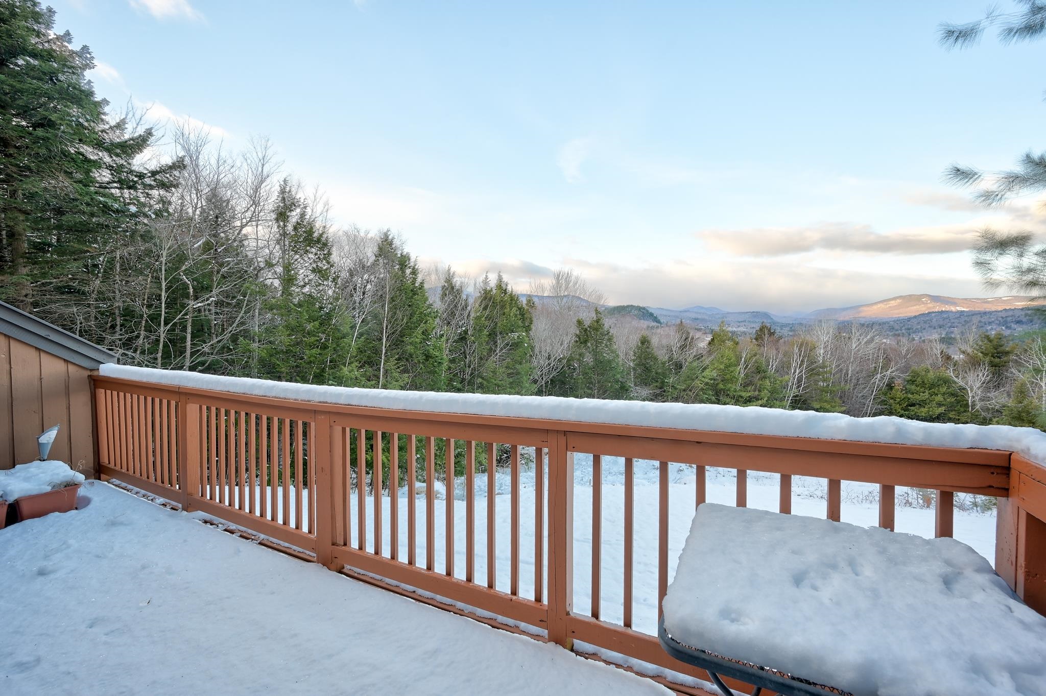 Snow-covered deck with mountain and forest views beyond its railing.