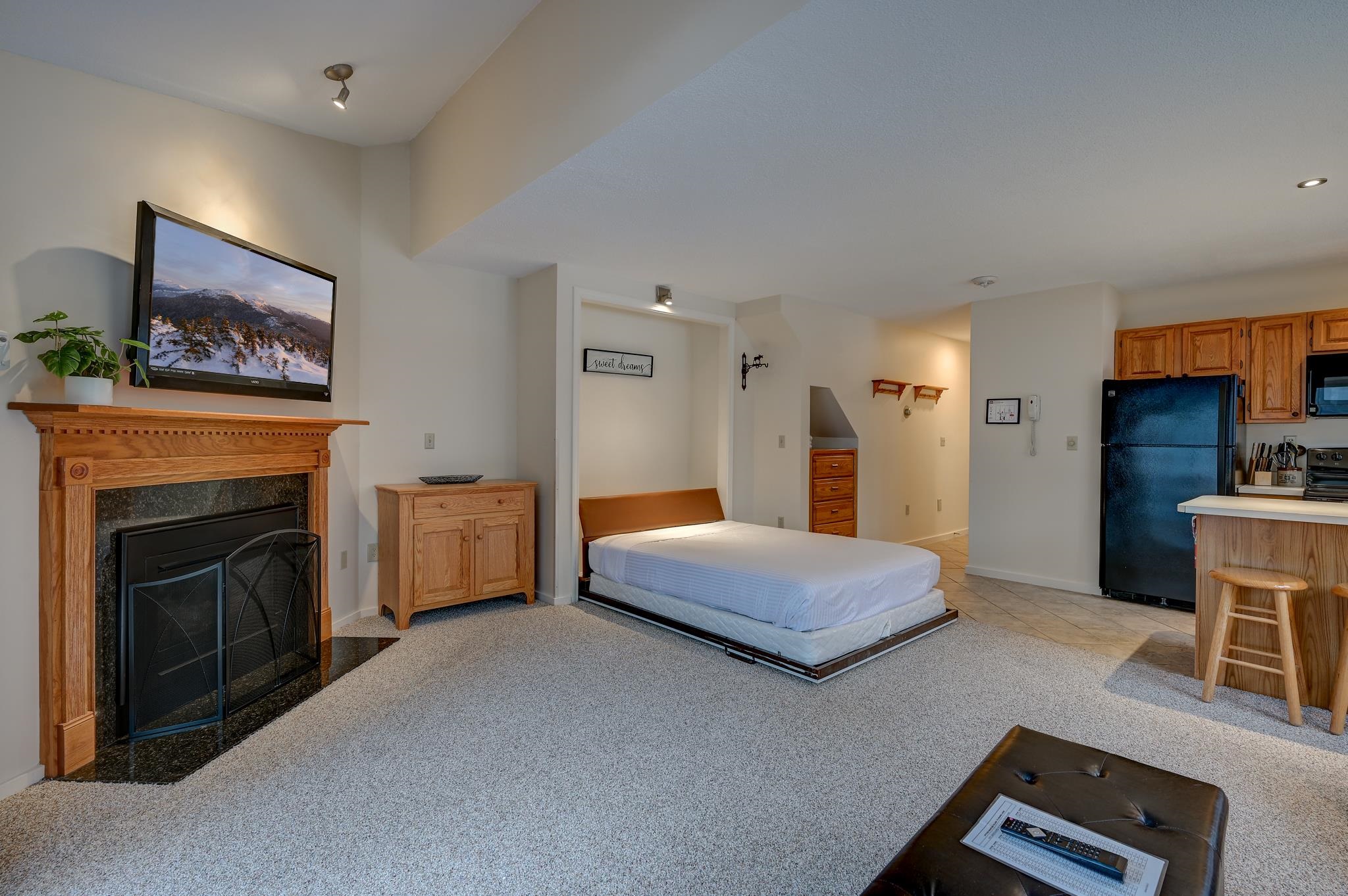 Studio interior with a bed, wood fireplace, and adjoining kitchen.
