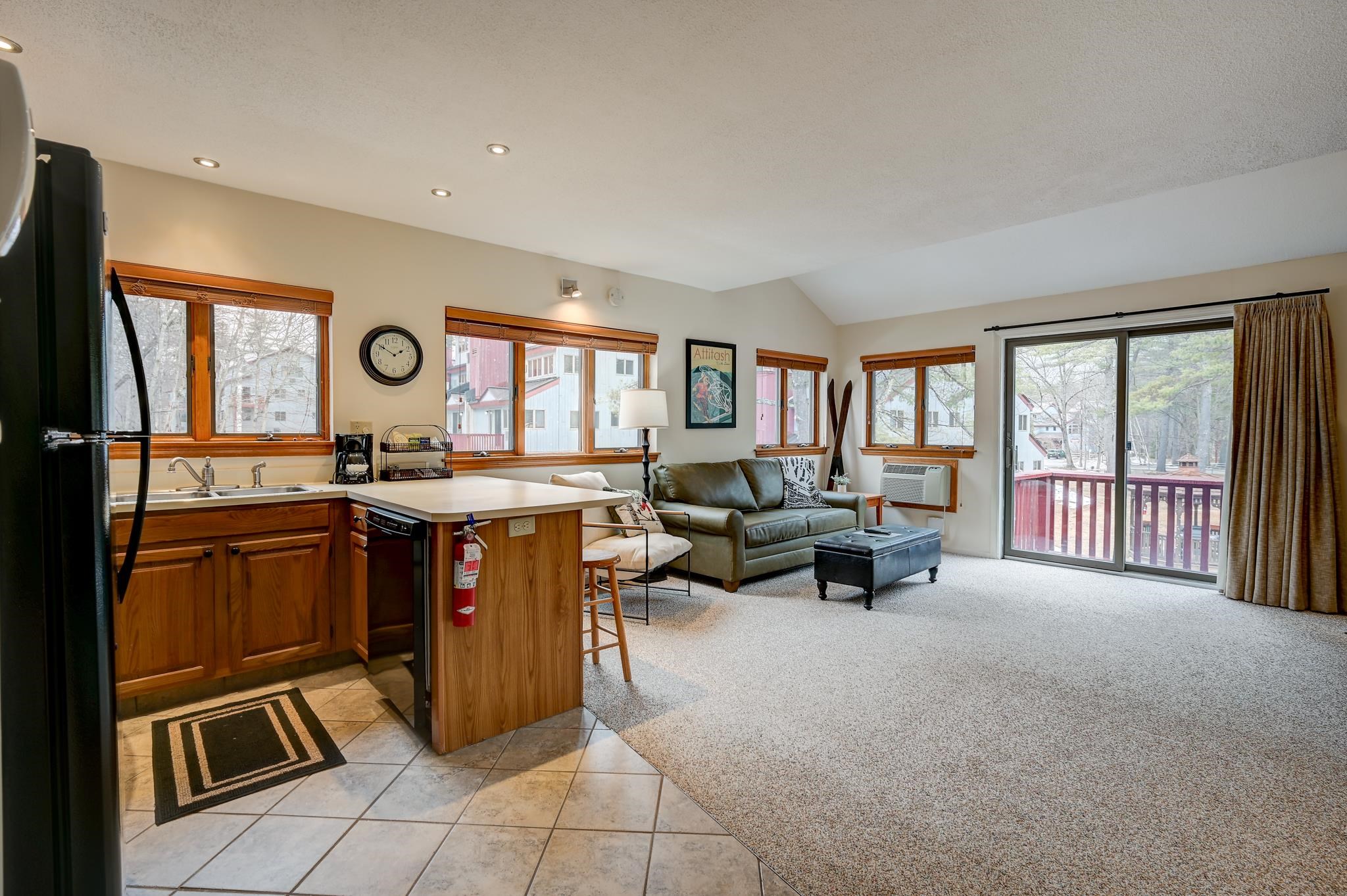 Open-plan condo kitchen and living room with wood cabinets, a green sofa, and sliding doors to a balcony.