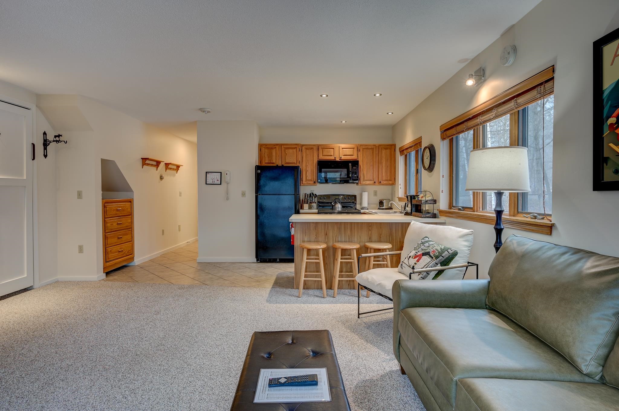Open-plan living room and kitchen with a carpeted seating area, wood cabinetry, and large windows.