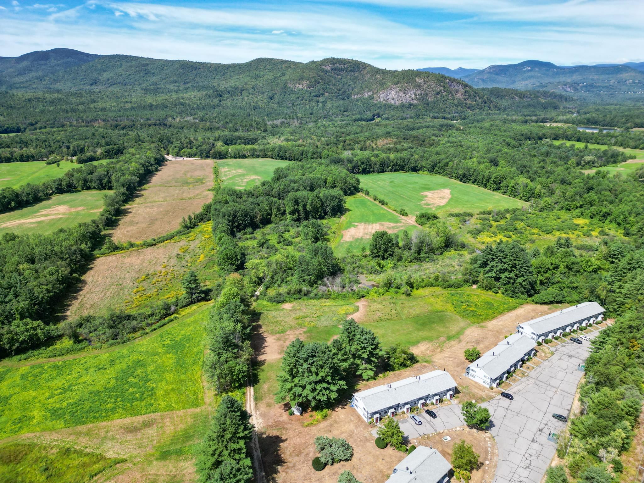 Aerial view of residential buildings beside open fields, with forested mountains in the distance.