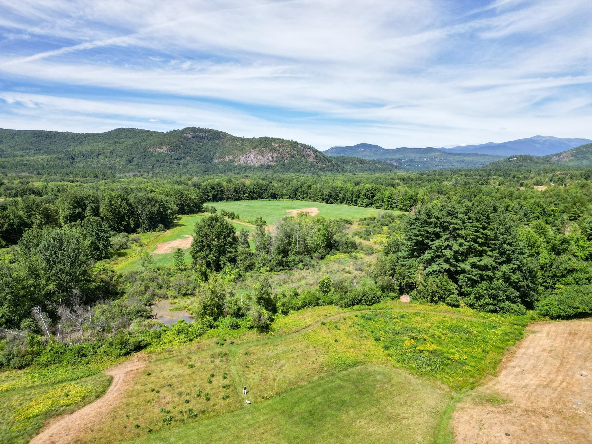 Aerial view across open fields and forest toward distant mountain ridges.