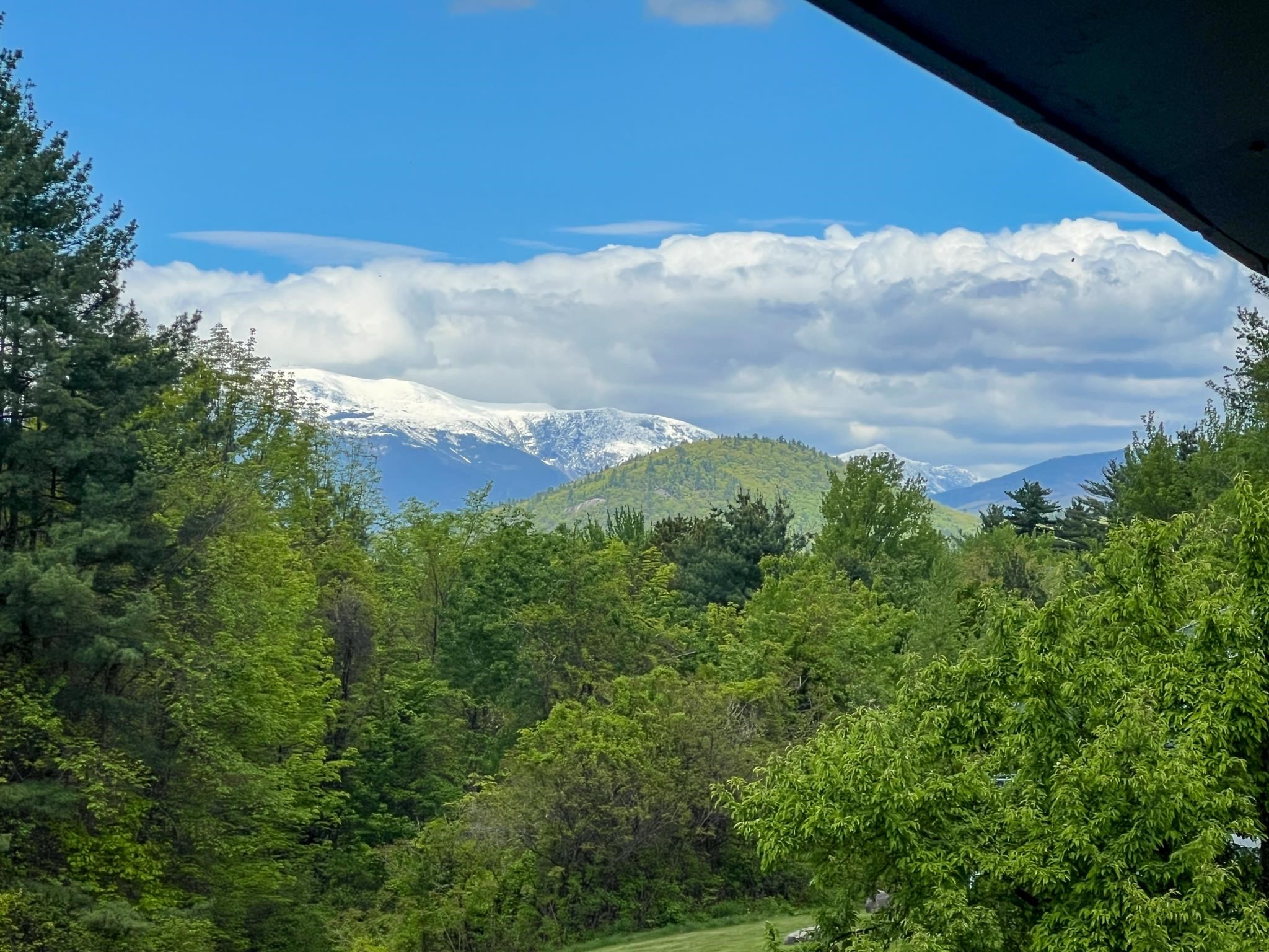 Snow-dusted mountain peaks rise above green forest, framed by a roof eave.