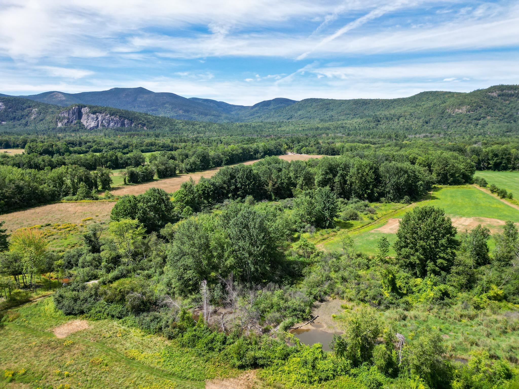 Aerial view across green fields and woods toward forested mountains and a rocky outcrop.