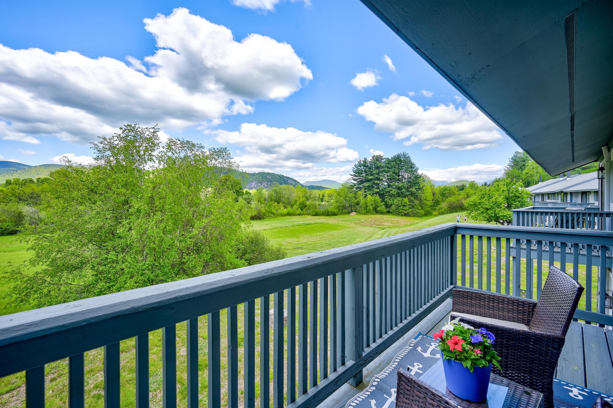 Furnished balcony overlooking a green lawn and wooded mountain ridges, with wicker seating and colorful flowers.