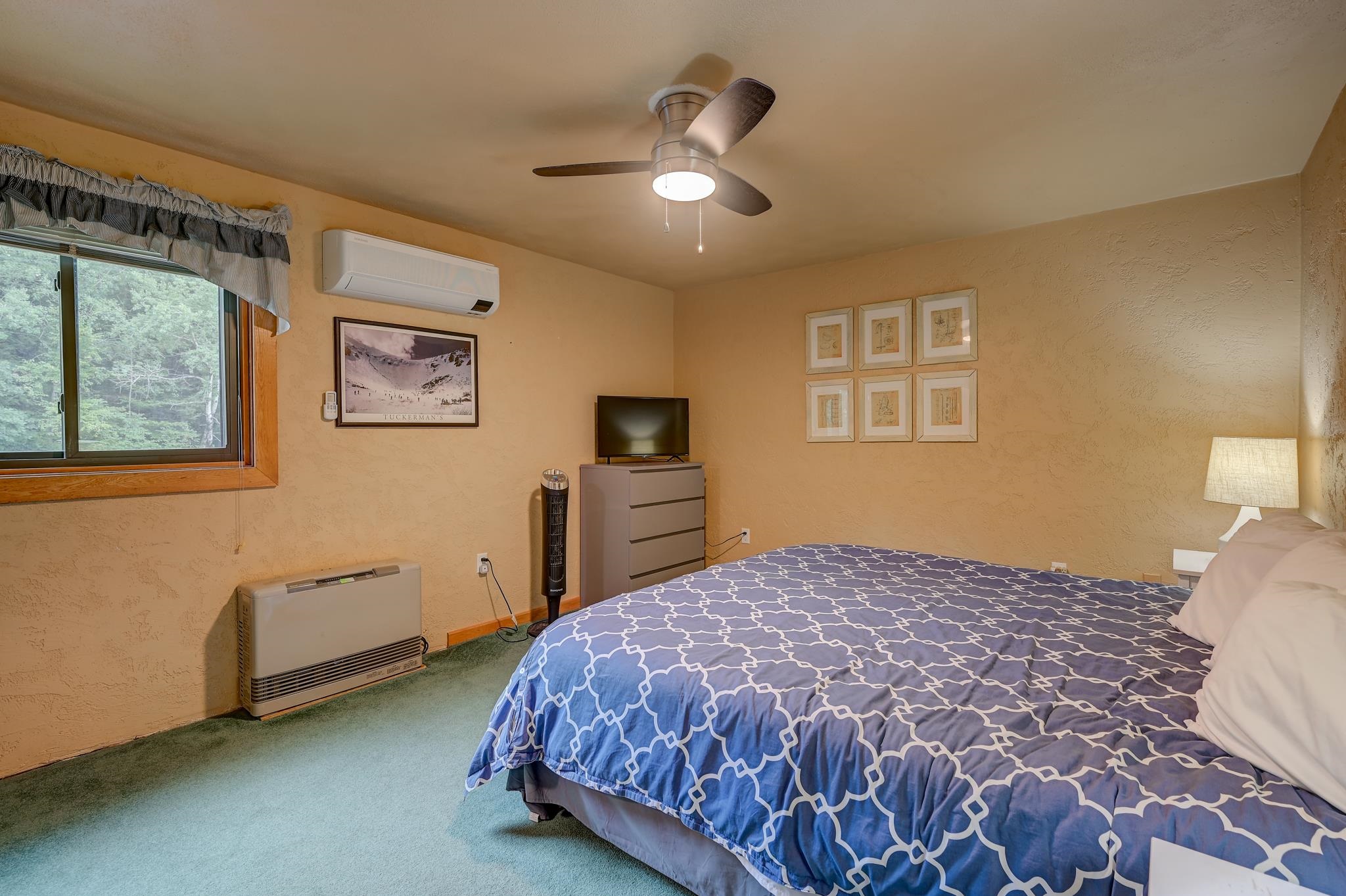 Bedroom with a blue patterned bedspread, tree-facing window, dresser, and ceiling fan.