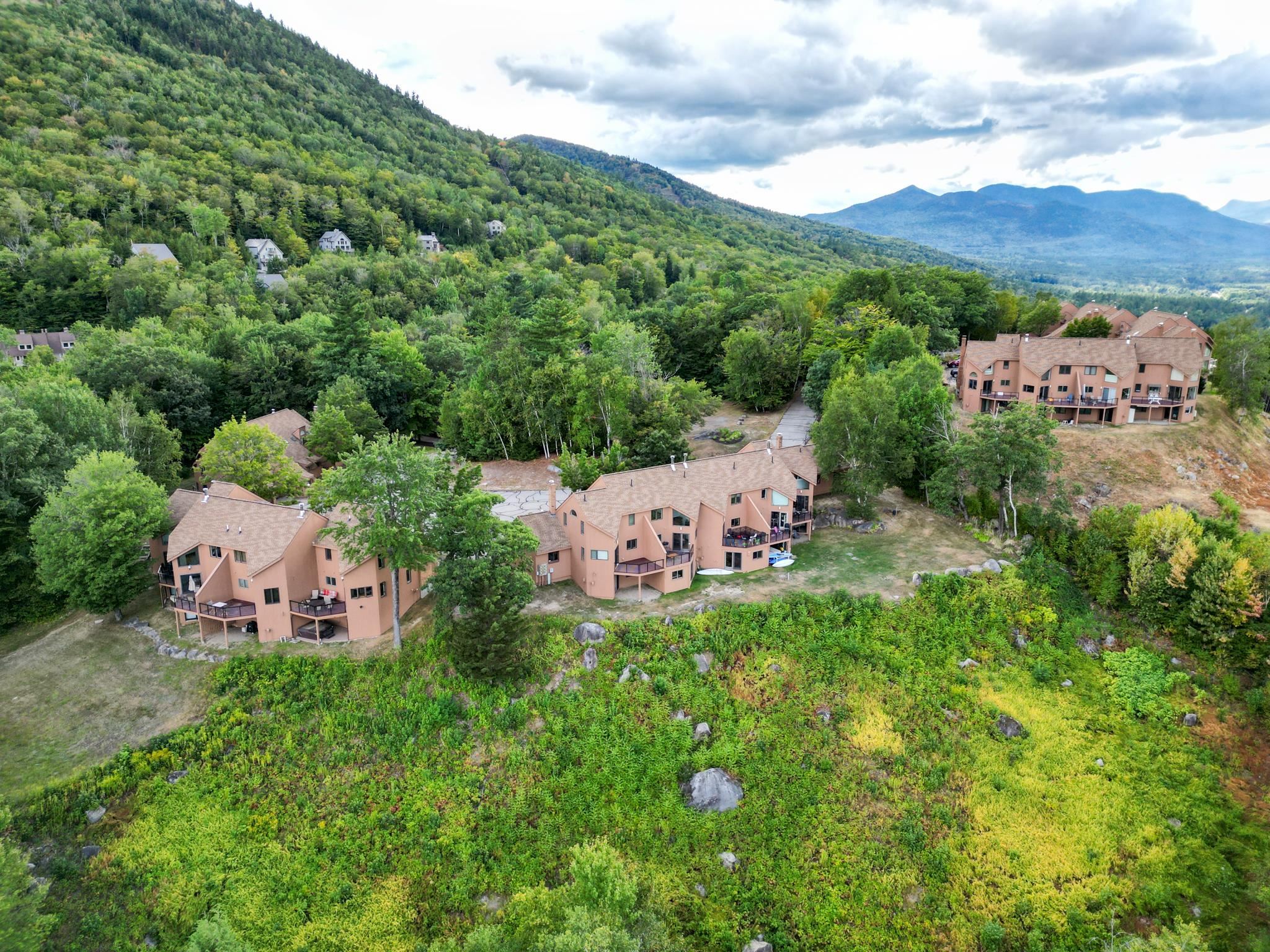 Hillside condominiums with balconies, surrounded by forest and overlooking distant mountains.